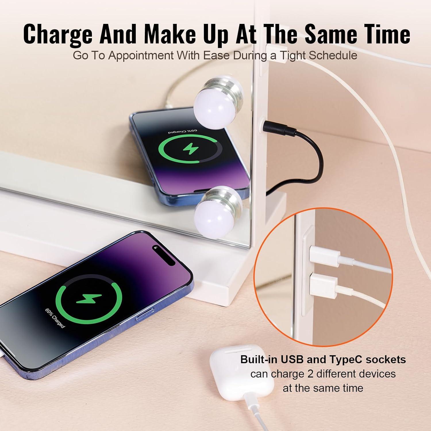 Espejo de Tocador VEVOR 80x60cm con Luces LED y Aumento 5X