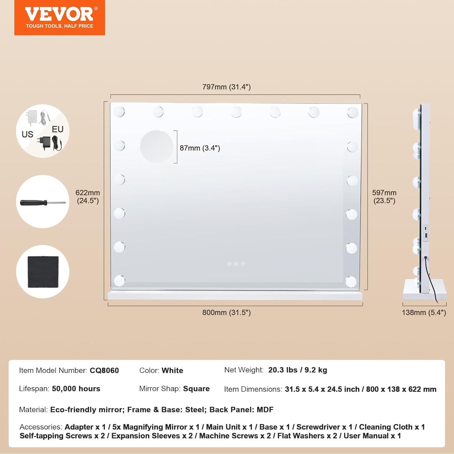 Espejo de Tocador VEVOR 80x60cm con Luces LED y Aumento 5X