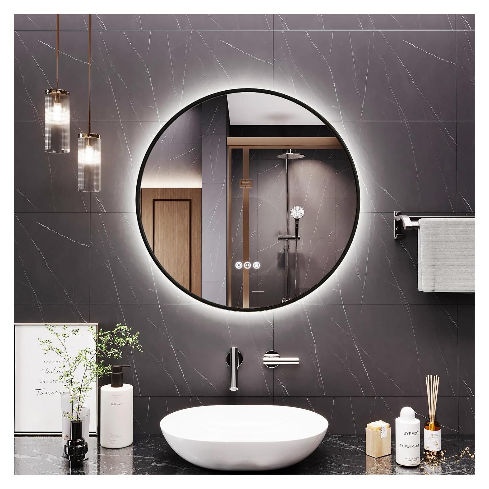 Espejo de Baño LED YIDABATH 61x61 cm Redondo con Marco Negro