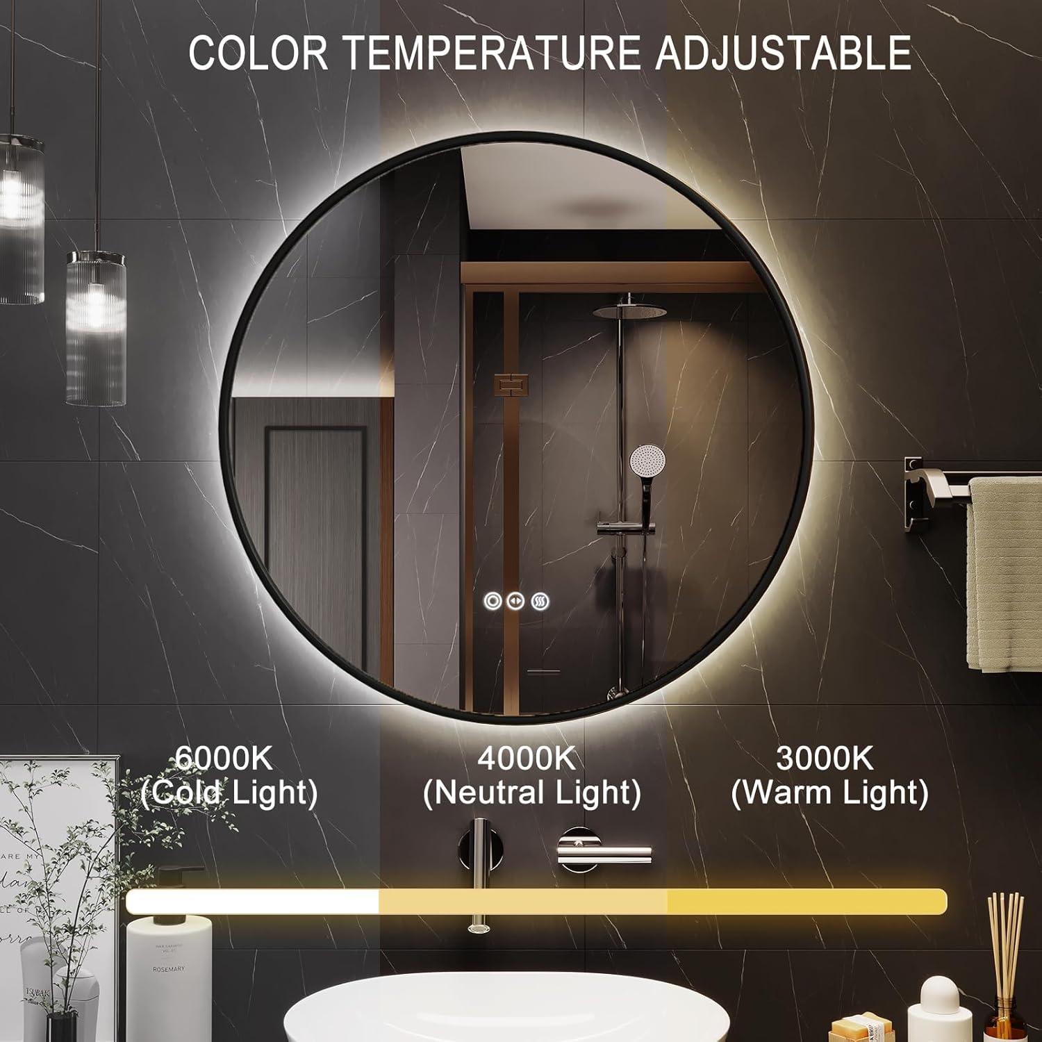 Espejo de Baño LED YIDABATH 61x61 cm Redondo con Marco Negro