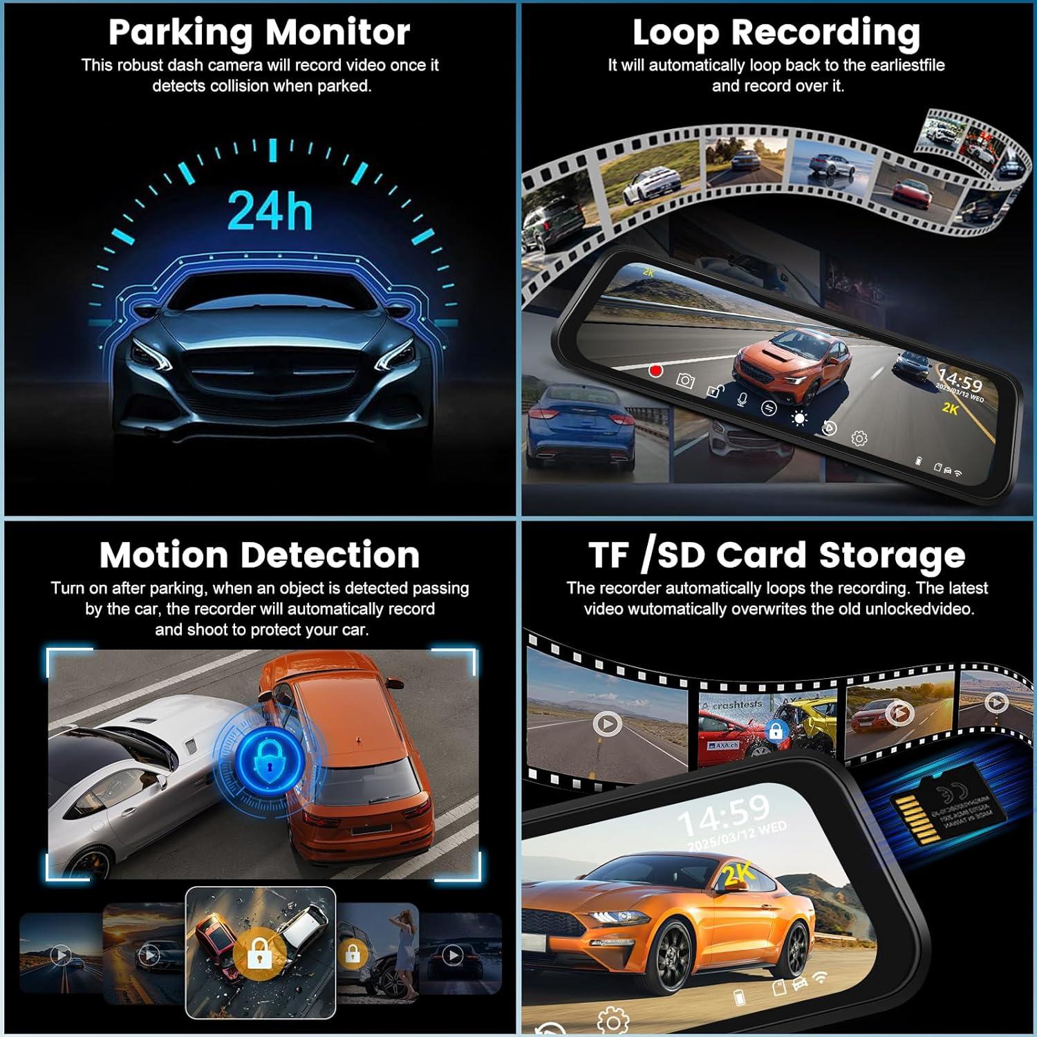 Cámara de tablero NHOPEEW 2K con espejo 9.66" - WiFi, G-Sensor