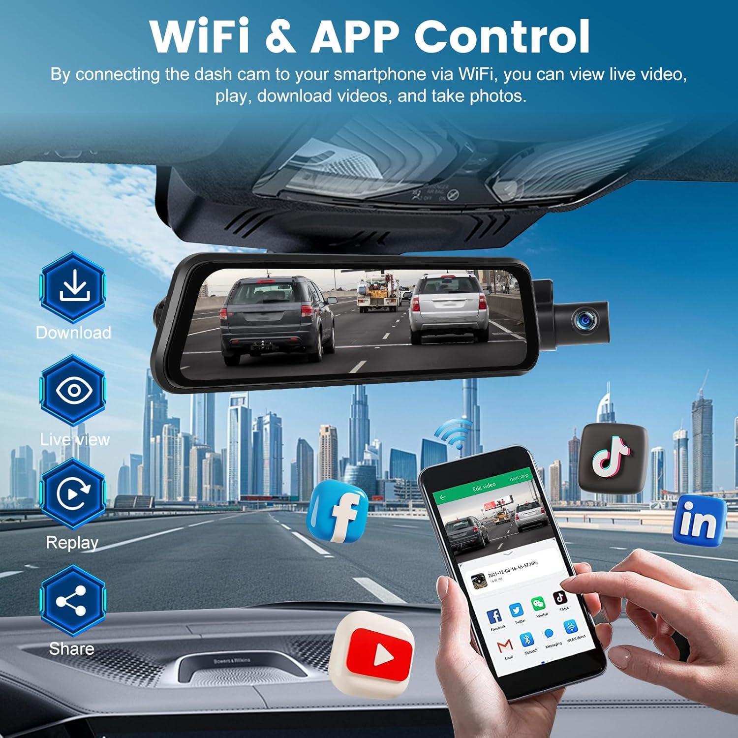 Cámara de tablero NHOPEEW 2K con espejo 9.66" - WiFi, G-Sensor