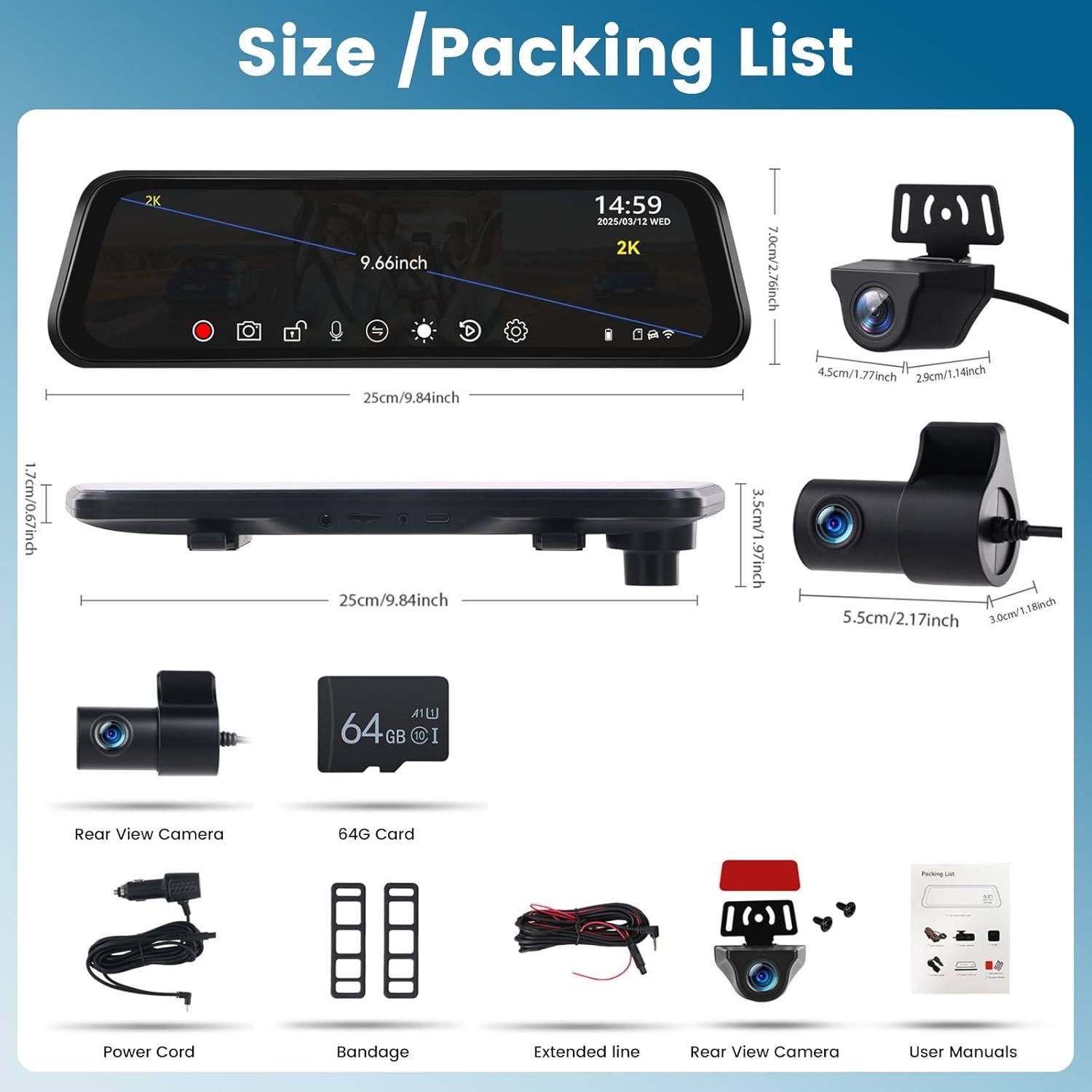 Cámara de tablero NHOPEEW 2K con espejo 9.66" - WiFi, G-Sensor