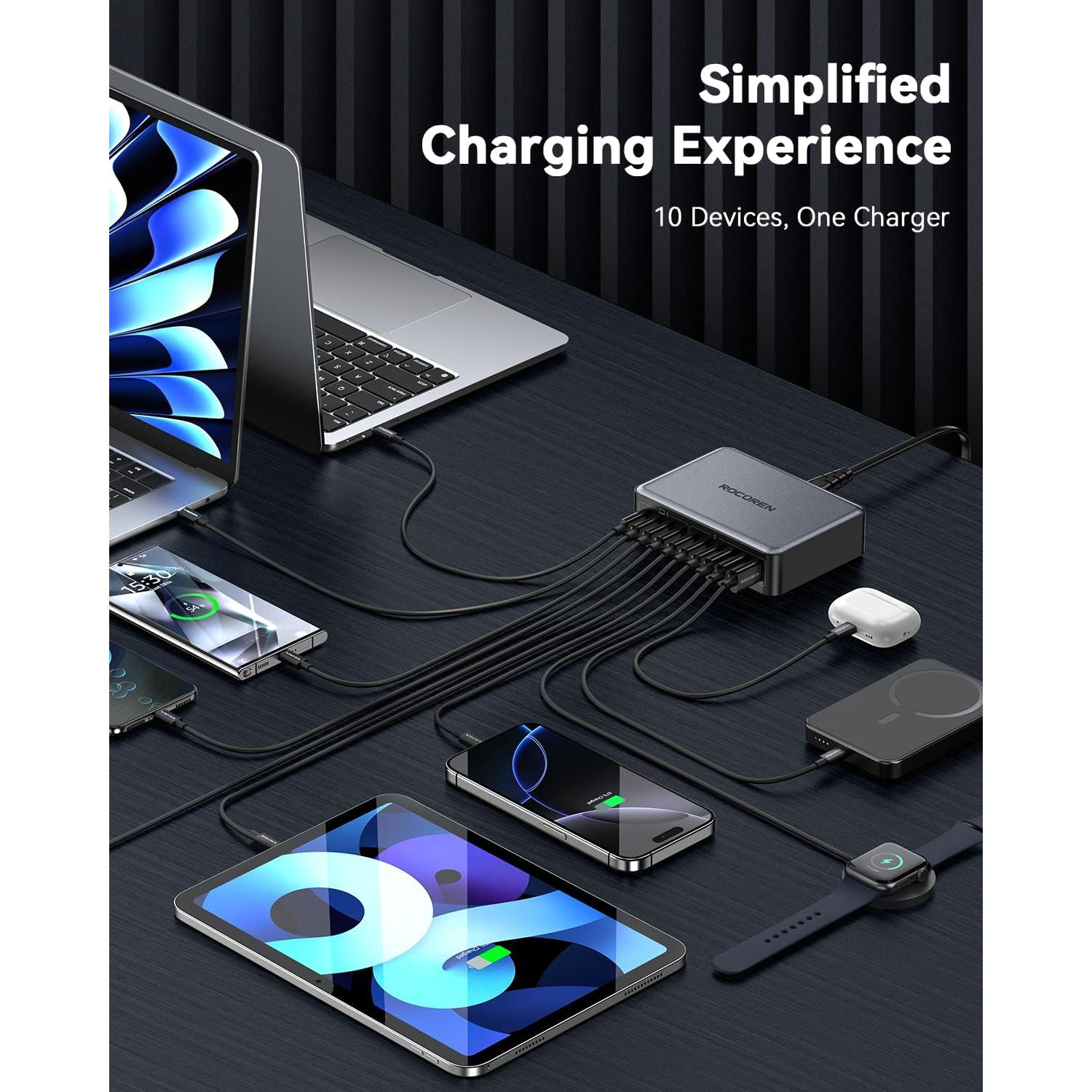 Cargador USB C Rocoren 480W 10 Puertos Carga Rápida