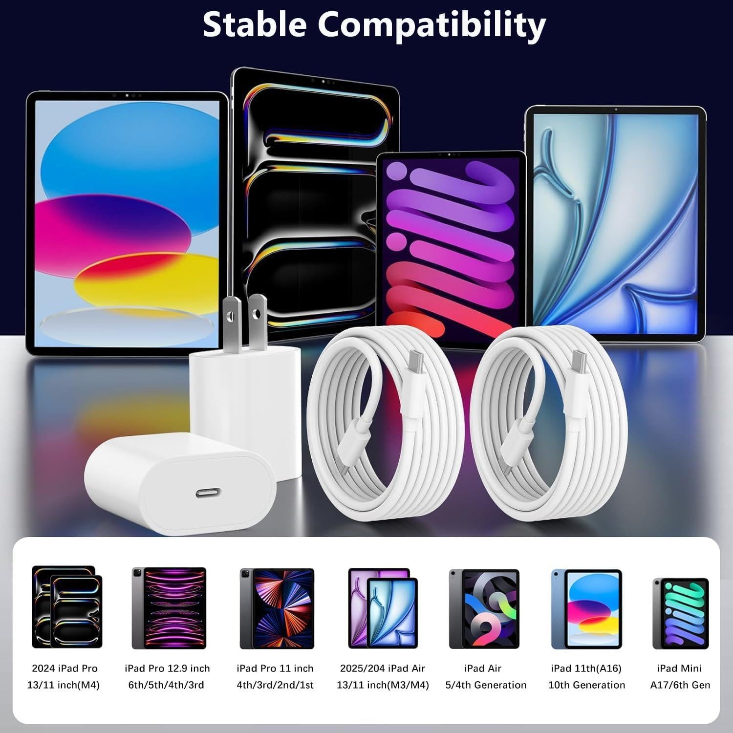 Cargador Rápido USB C 20W MFi + 2 Cables 2m para iPad