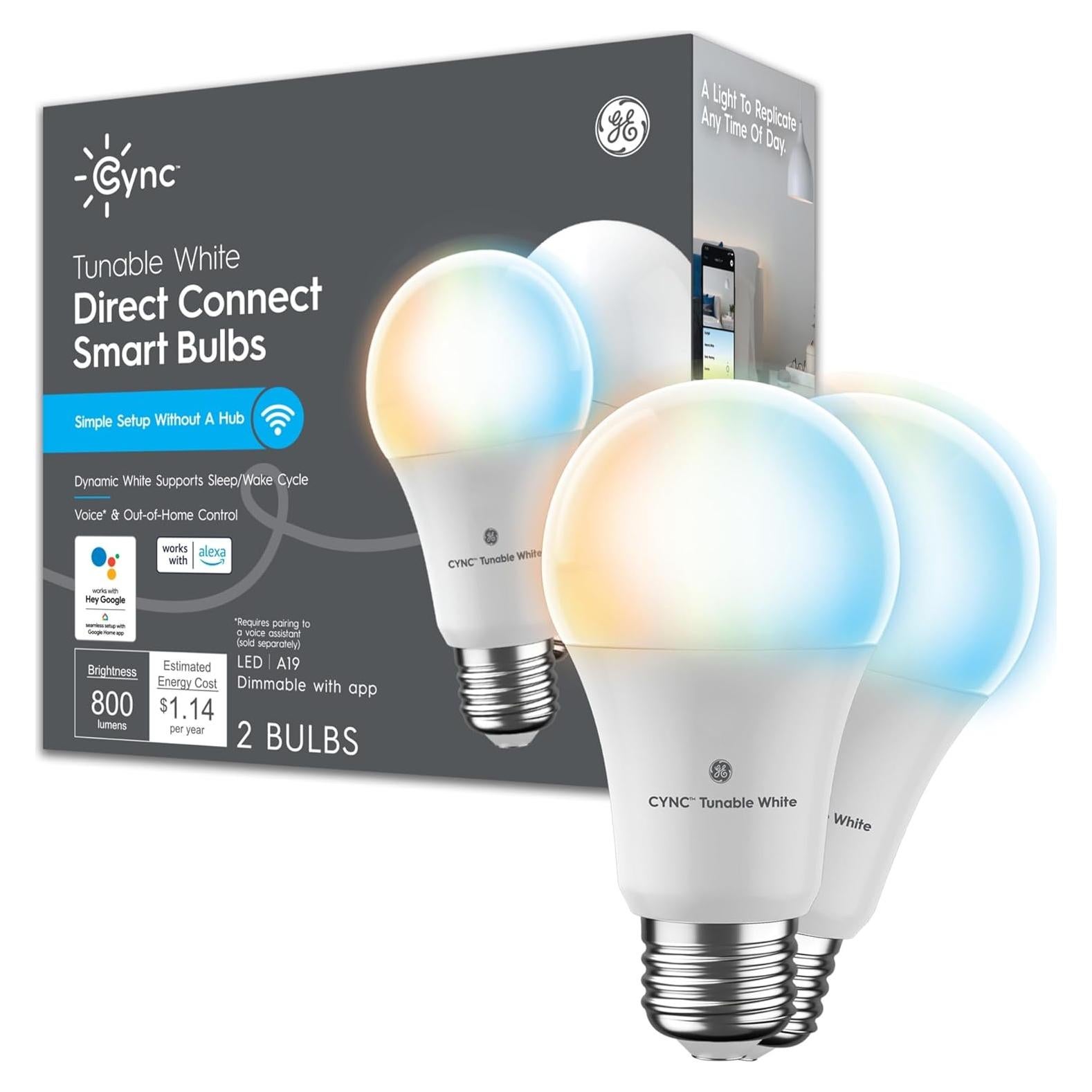 Bombillas LED inteligentes Cync GE A19, Blanco Ajustable, 9.5W, 2 Pzas