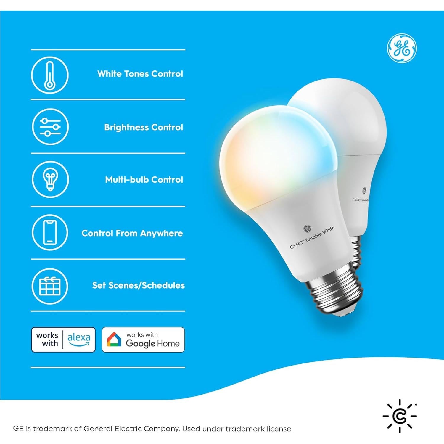 Bombillas LED inteligentes Cync GE A19, Blanco Ajustable, 9.5W, 2 Pzas