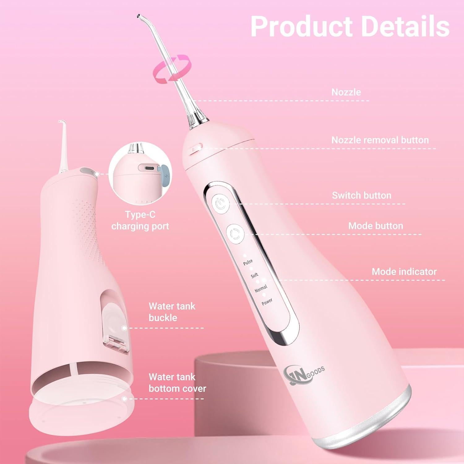 Irrigador bucal inalámbrico JNGOODS M159-Pro 300ml IPX7 Rosa
