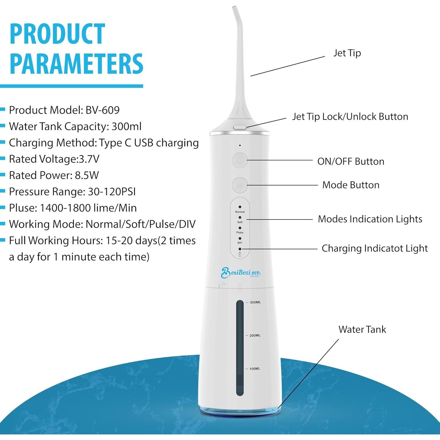 Irrigador Dental Inalámbrico BosiBozi BV-609 300ML IPX7
