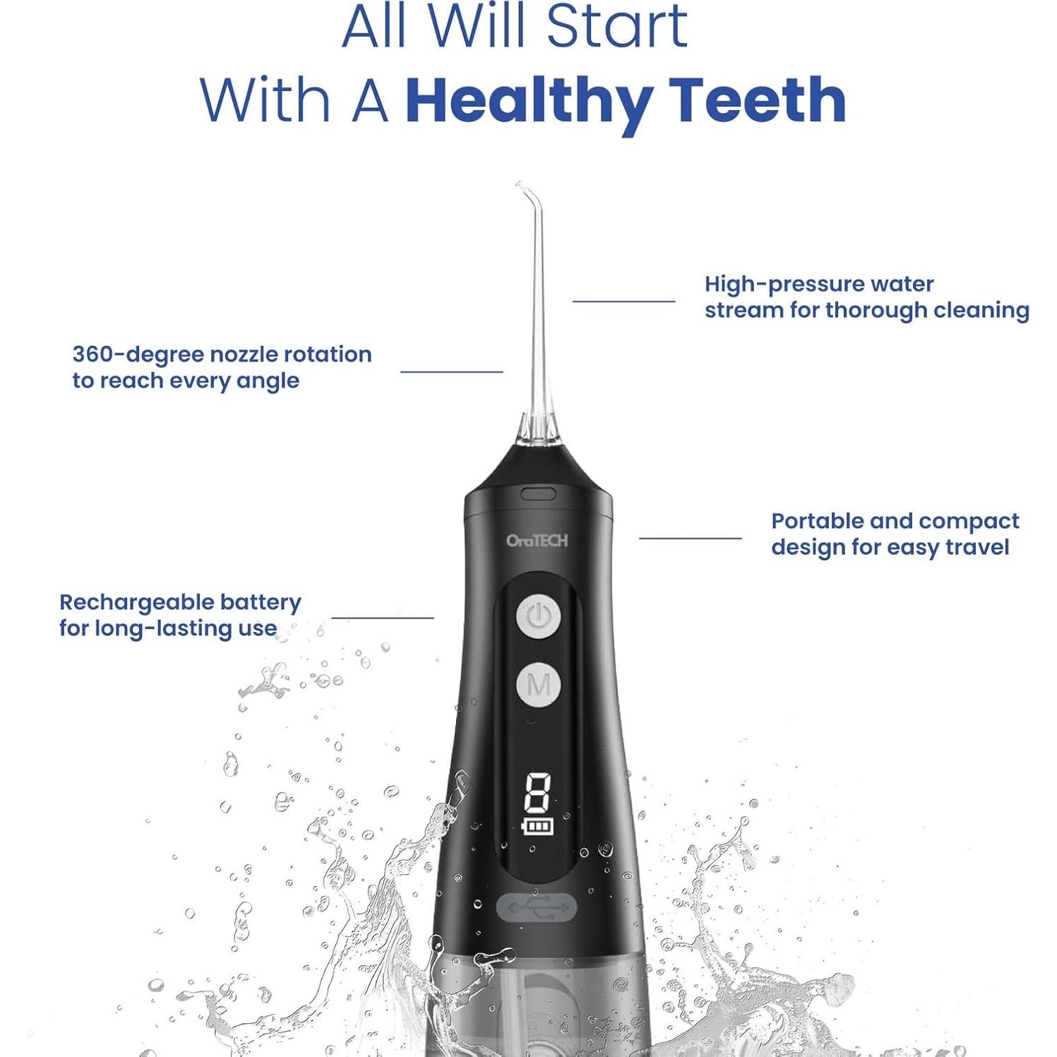 Irrigador Oral Portátil OraTECH 350ML Inalámbrico IPX7 Blanco