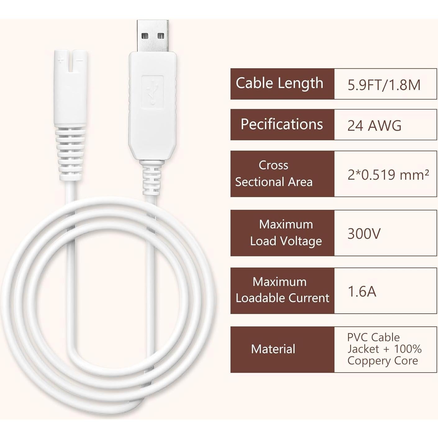 Cable de Carga USB Waterpik 3V 1.8m - 2 Pack