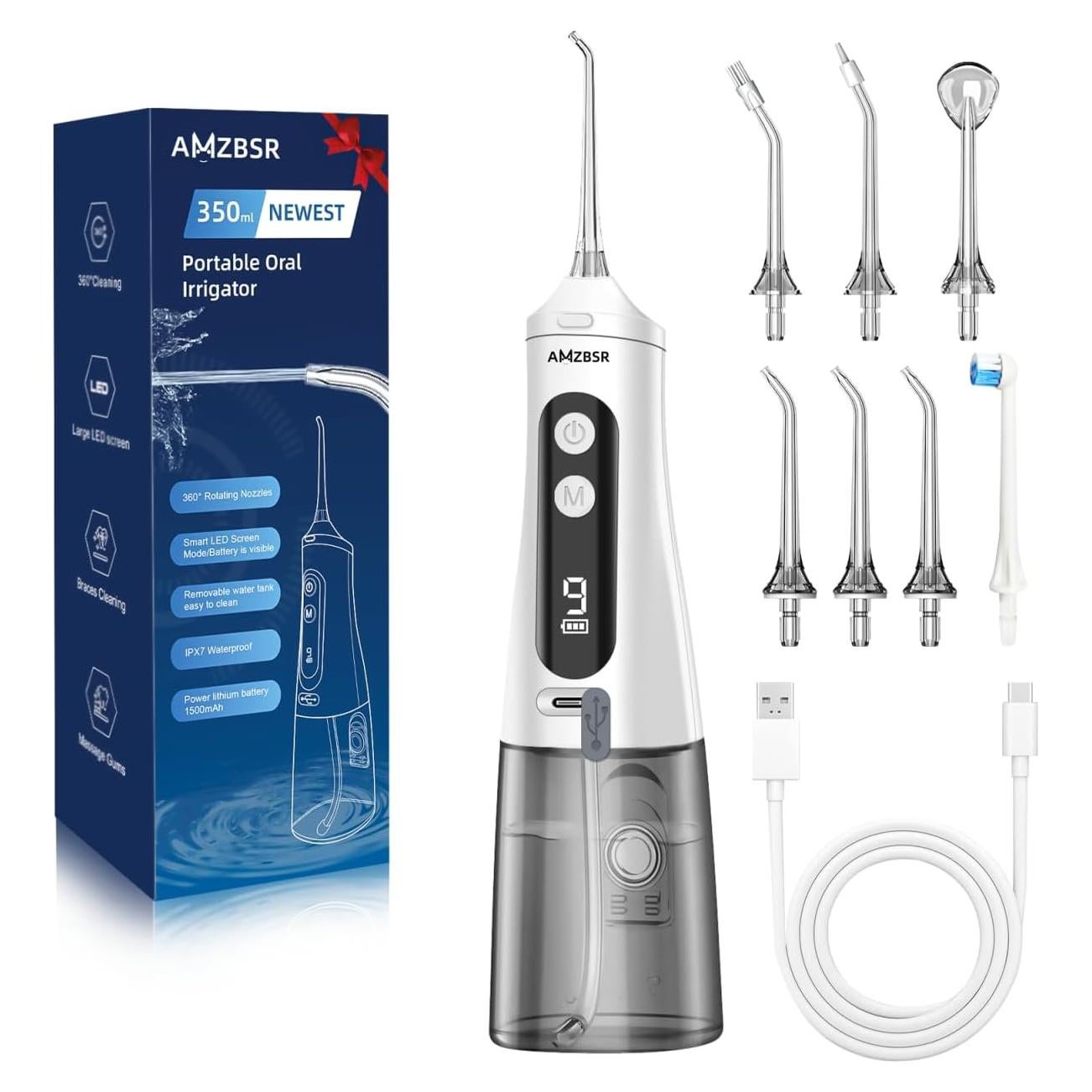 Irrigador Oral Eléctrico AMZBSR Blanco 350ml 9 Modos IPX7