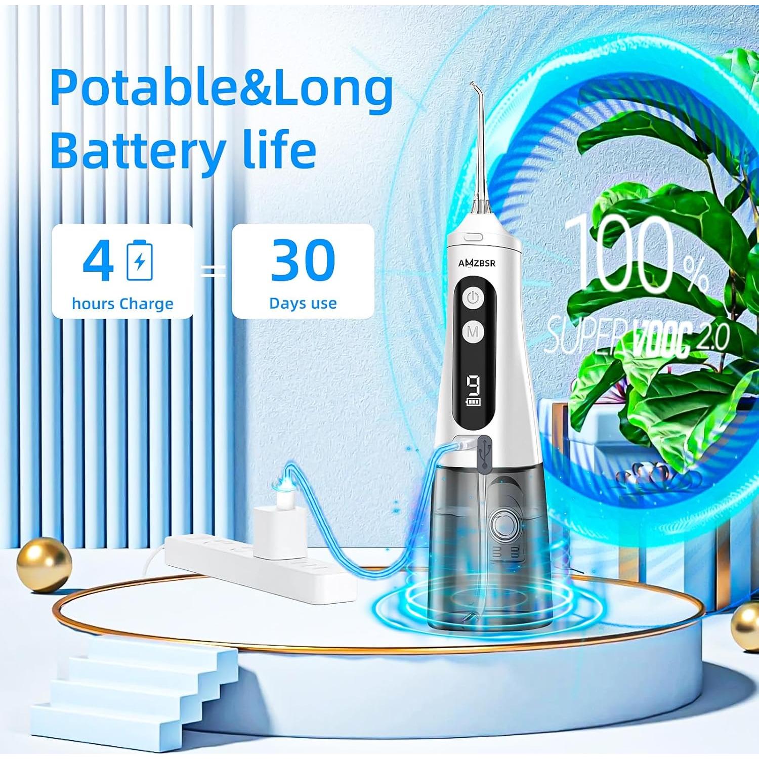 Irrigador Oral Eléctrico AMZBSR Blanco 350ml 9 Modos IPX7