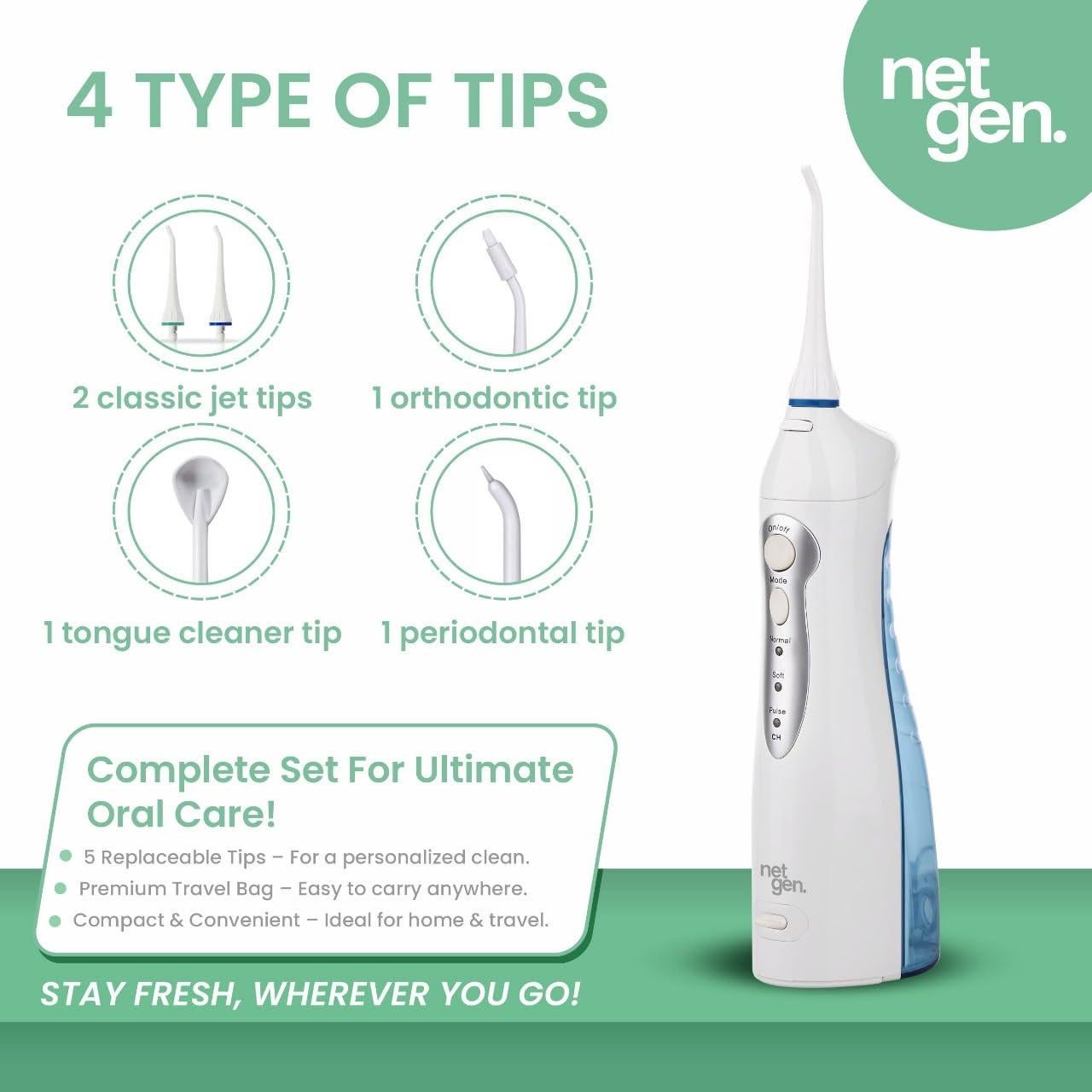 Irrigador Oral Inalámbrico NetGen FC159 con 3 Modos
