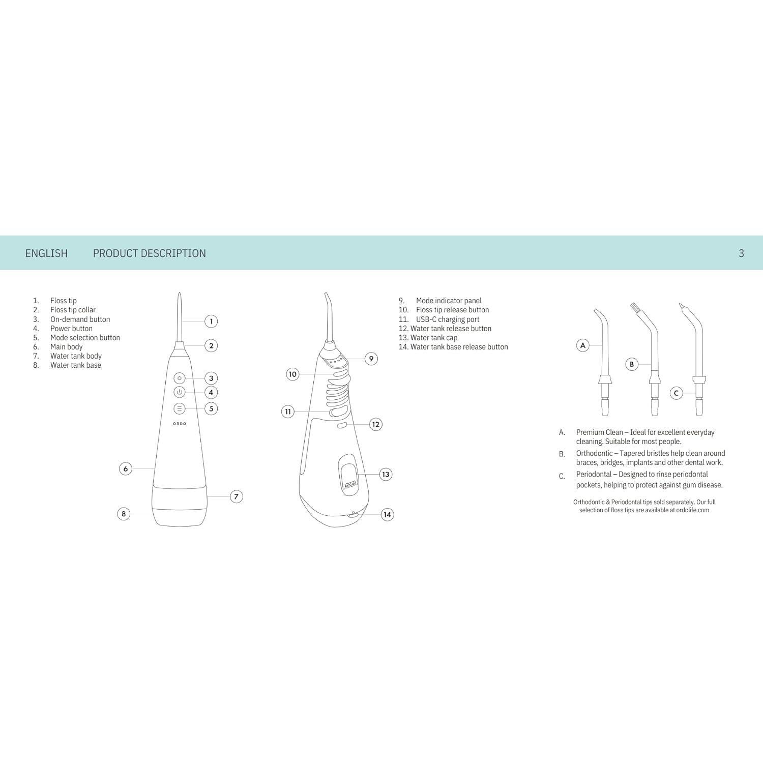 Hilo Dental de Agua Inalámbrico Ordo SP-WTRFLSS-PV 3 Modos