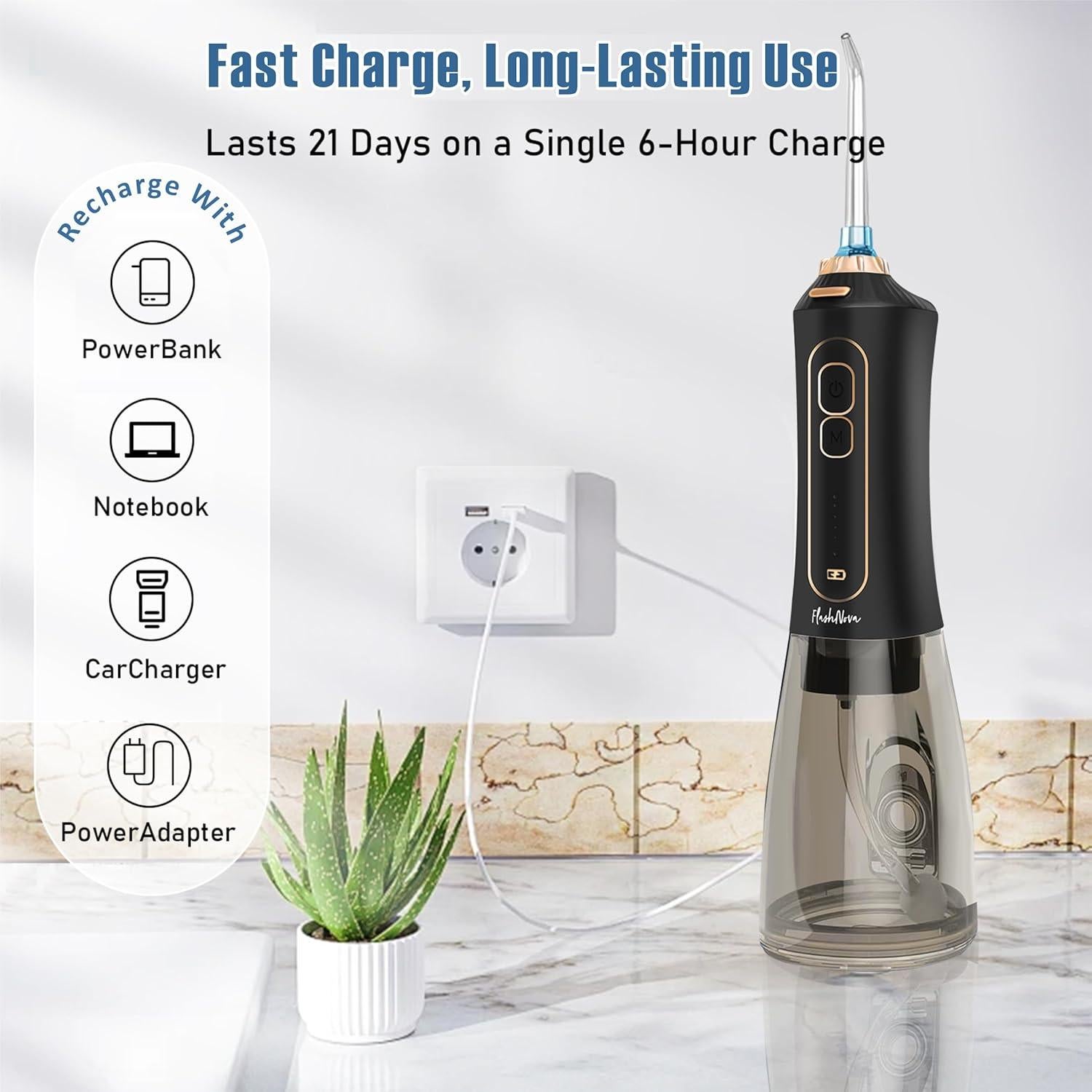 Irrigador Dental Portátil FlashNova - Recargable IPX7, 5 Modos