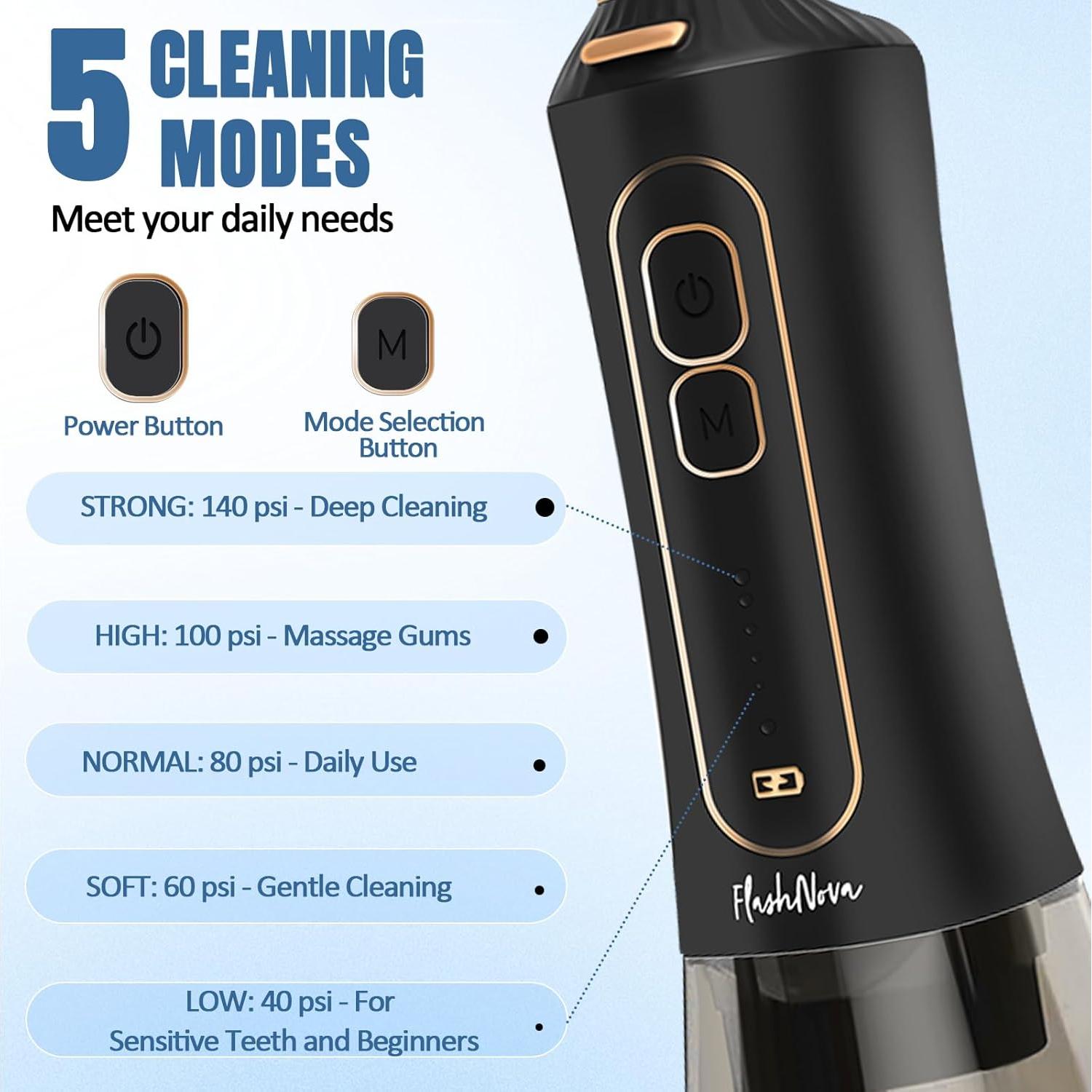 Irrigador Dental Portátil FlashNova - Recargable IPX7, 5 Modos