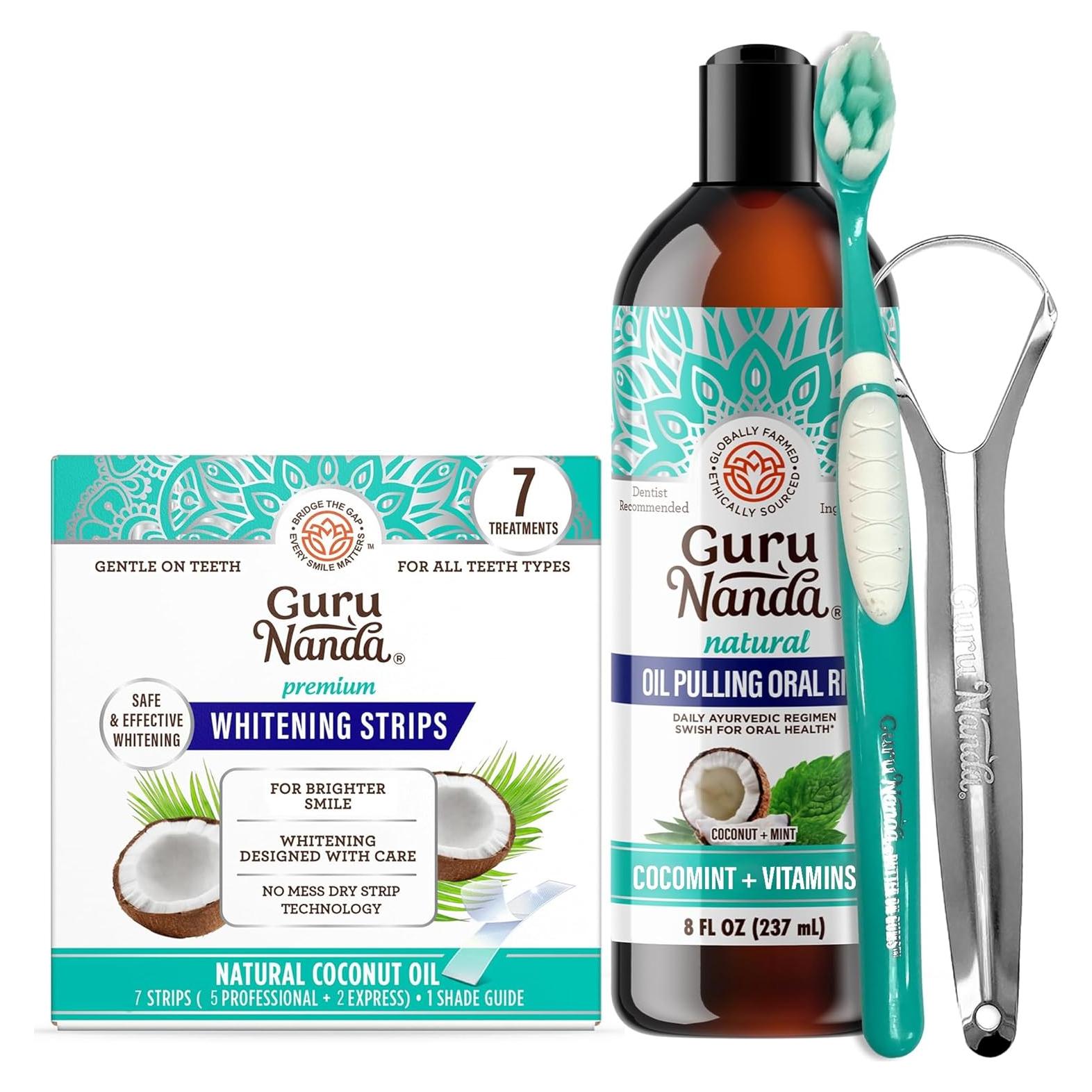 Enjuague Bucal Ayurvédico GuruNanda con Aceite de Coco y Menta - 236.6 ml + 14 Tiras Blanqueadoras