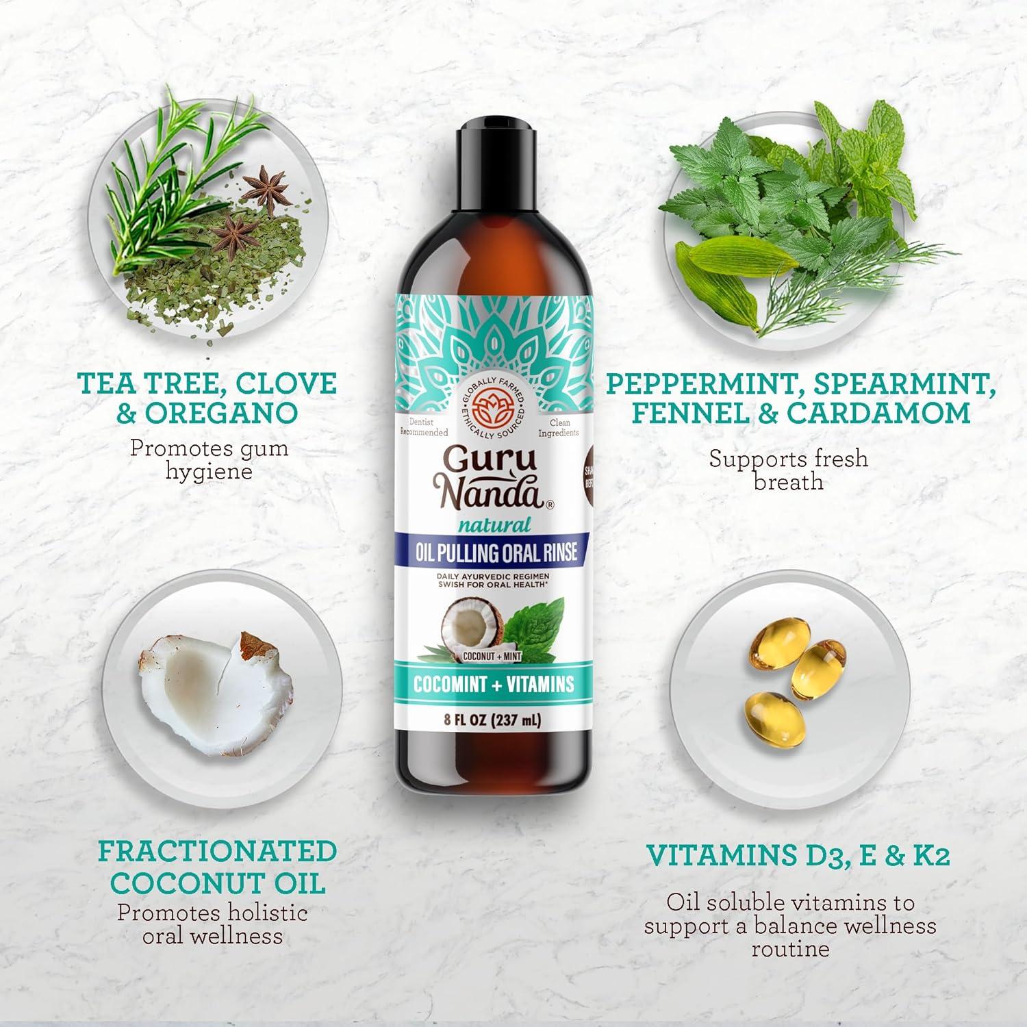 Enjuague Bucal Ayurvédico GuruNanda con Aceite de Coco y Menta - 236.6 ml + 14 Tiras Blanqueadoras