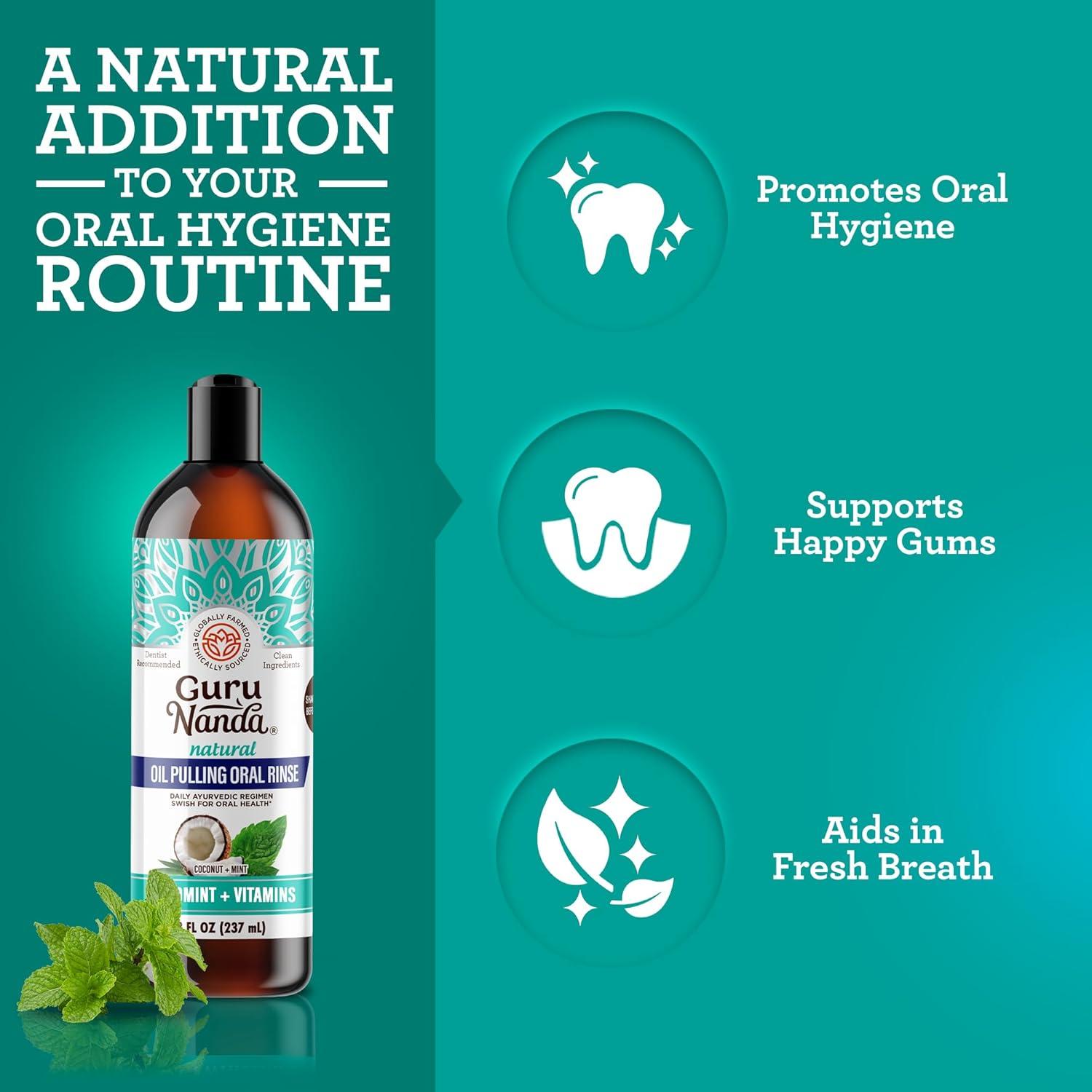 Enjuague Bucal Ayurvédico GuruNanda con Aceite de Coco y Menta - 236.6 ml + 14 Tiras Blanqueadoras