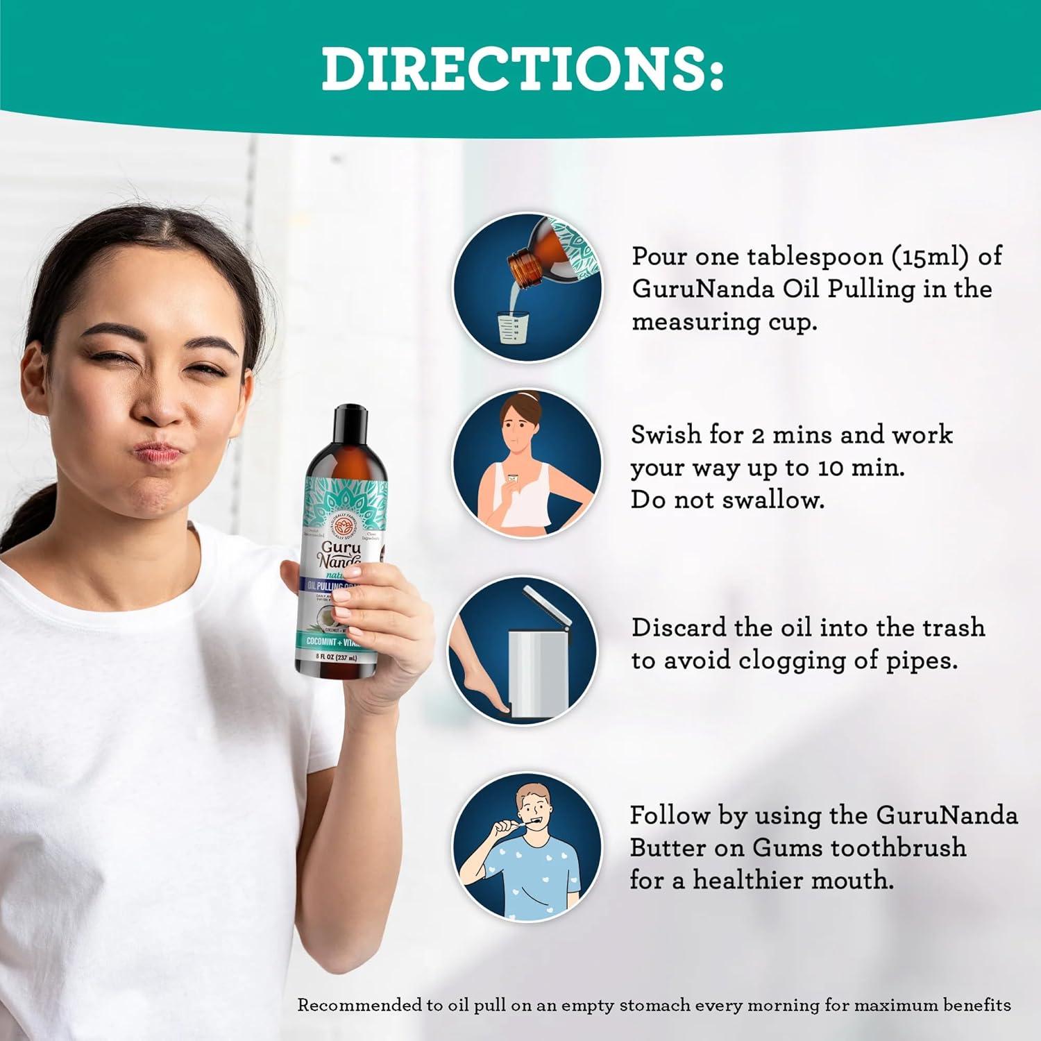 Enjuague Bucal Ayurvédico GuruNanda con Aceite de Coco y Menta - 236.6 ml + 14 Tiras Blanqueadoras