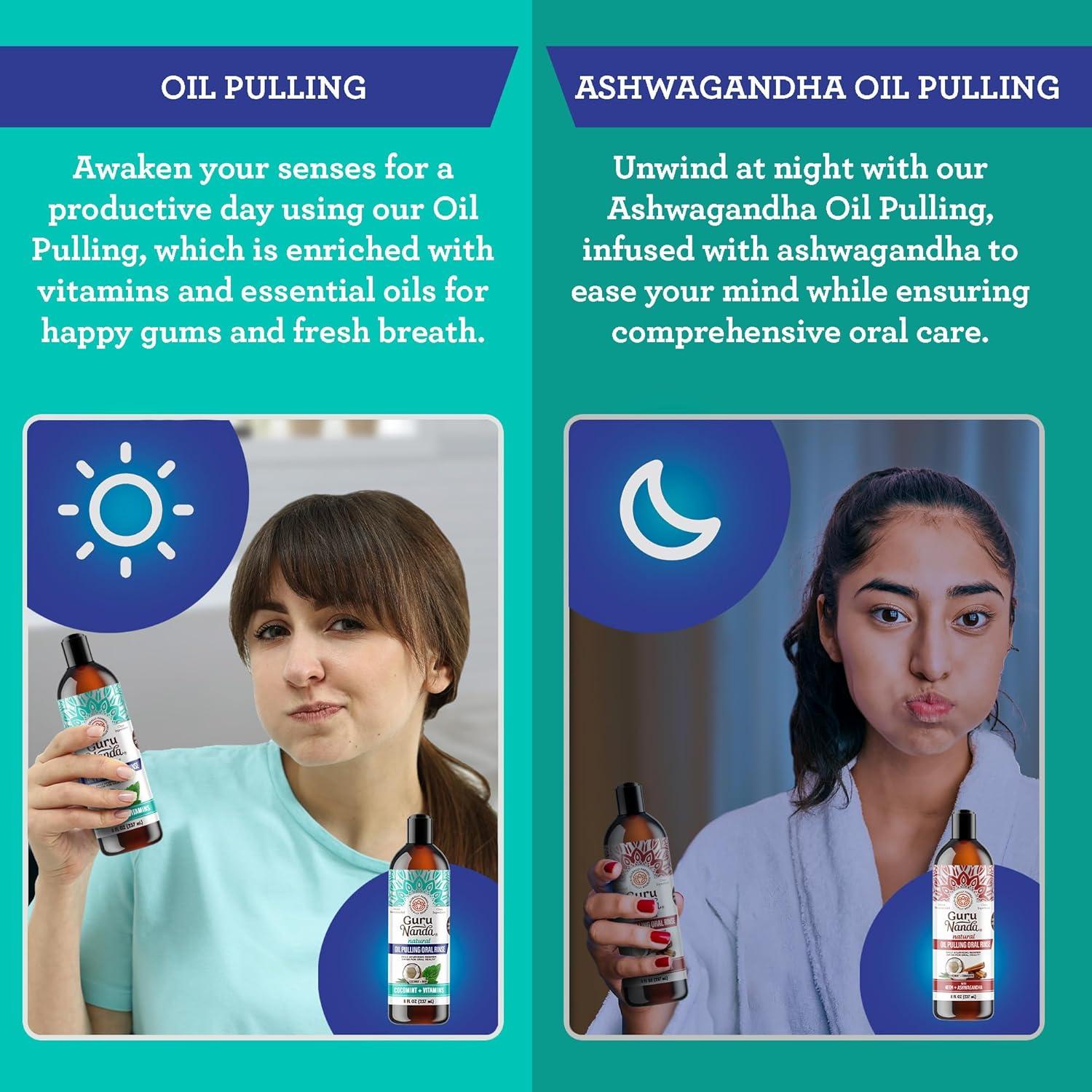 Enjuague Bucal Ayurvédico GuruNanda con Aceite de Coco y Menta - 236.6 ml + 14 Tiras Blanqueadoras