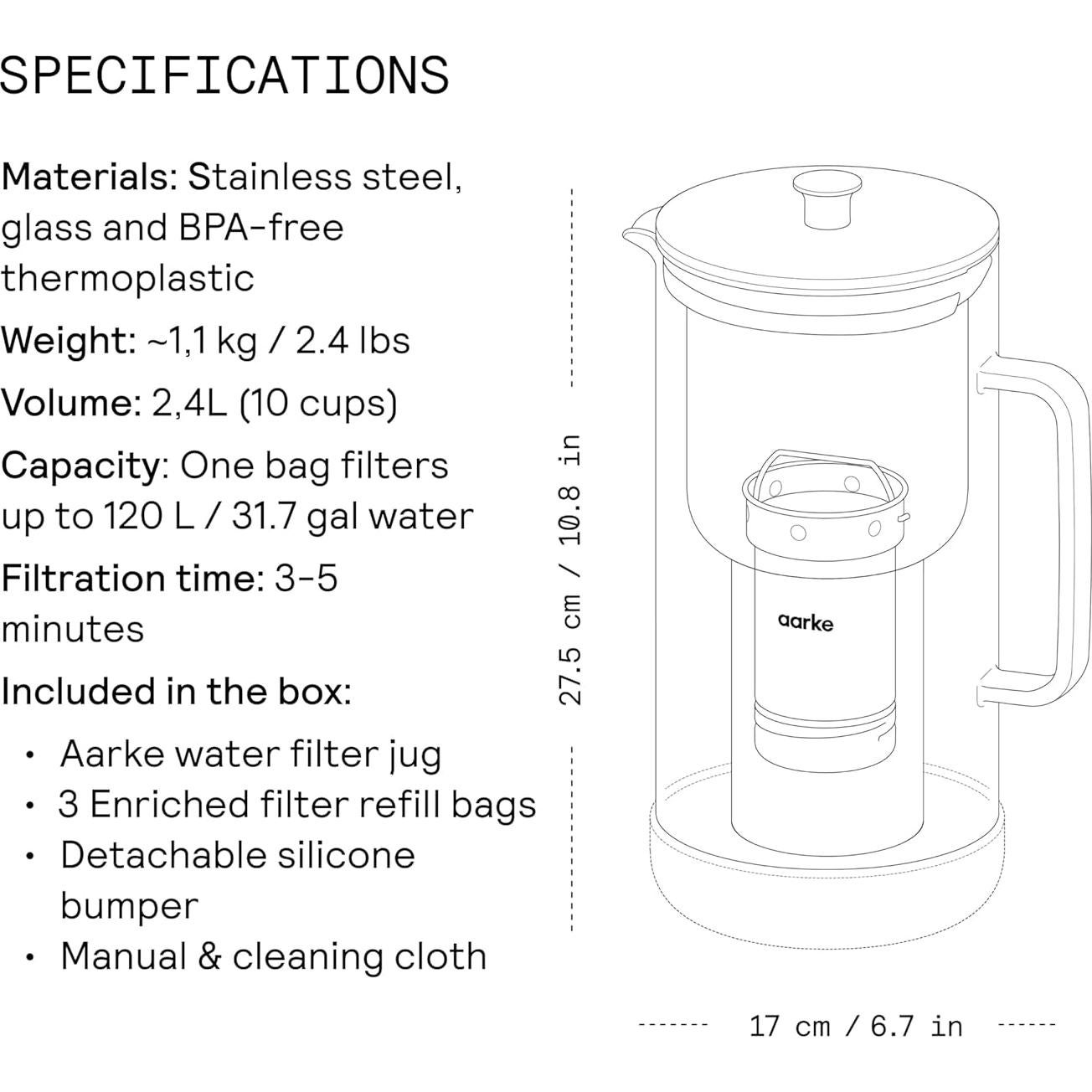 Jarra de Filtro de Agua Aarke 1.18L de Vidrio con Filtro Recargable