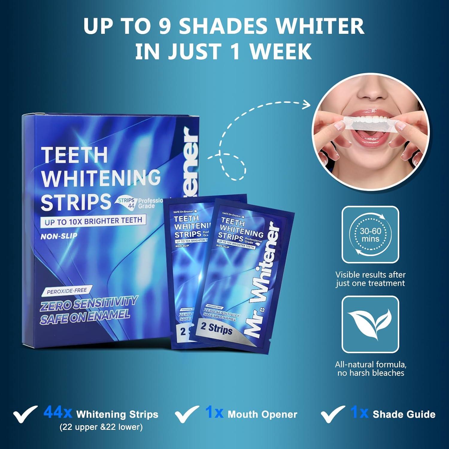 Tiras Blanqueadoras de Dientes Mr.Whitener - 44 Tiras Sin Peróxido