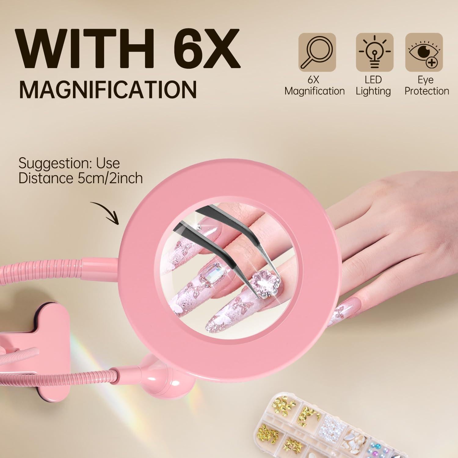 Lámpara UV LED AORAEM para Uñas con Lupa 6X Rosa