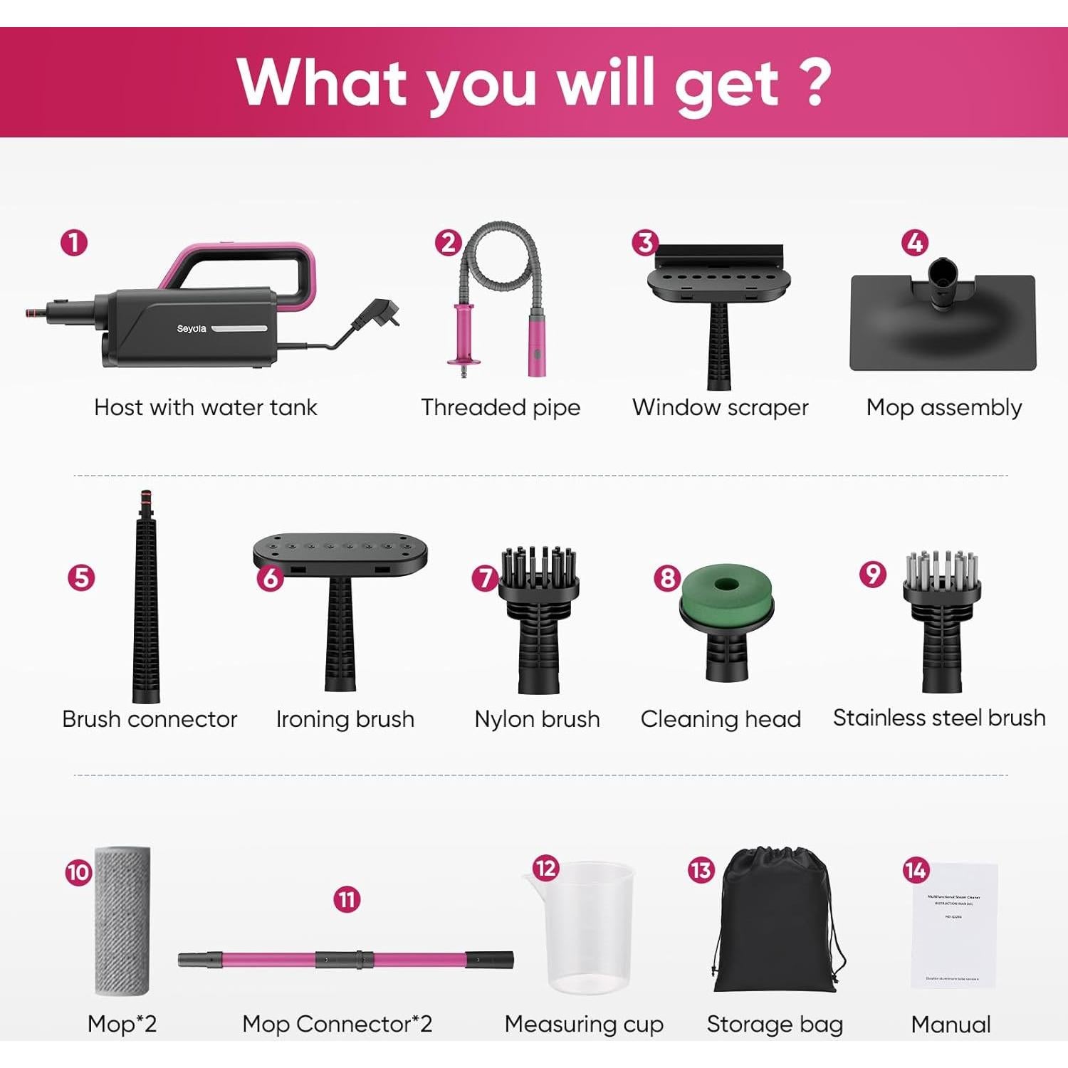 Mopa de Vapor Seyola SLSM-001 6-en-1 Rosa para Limpieza