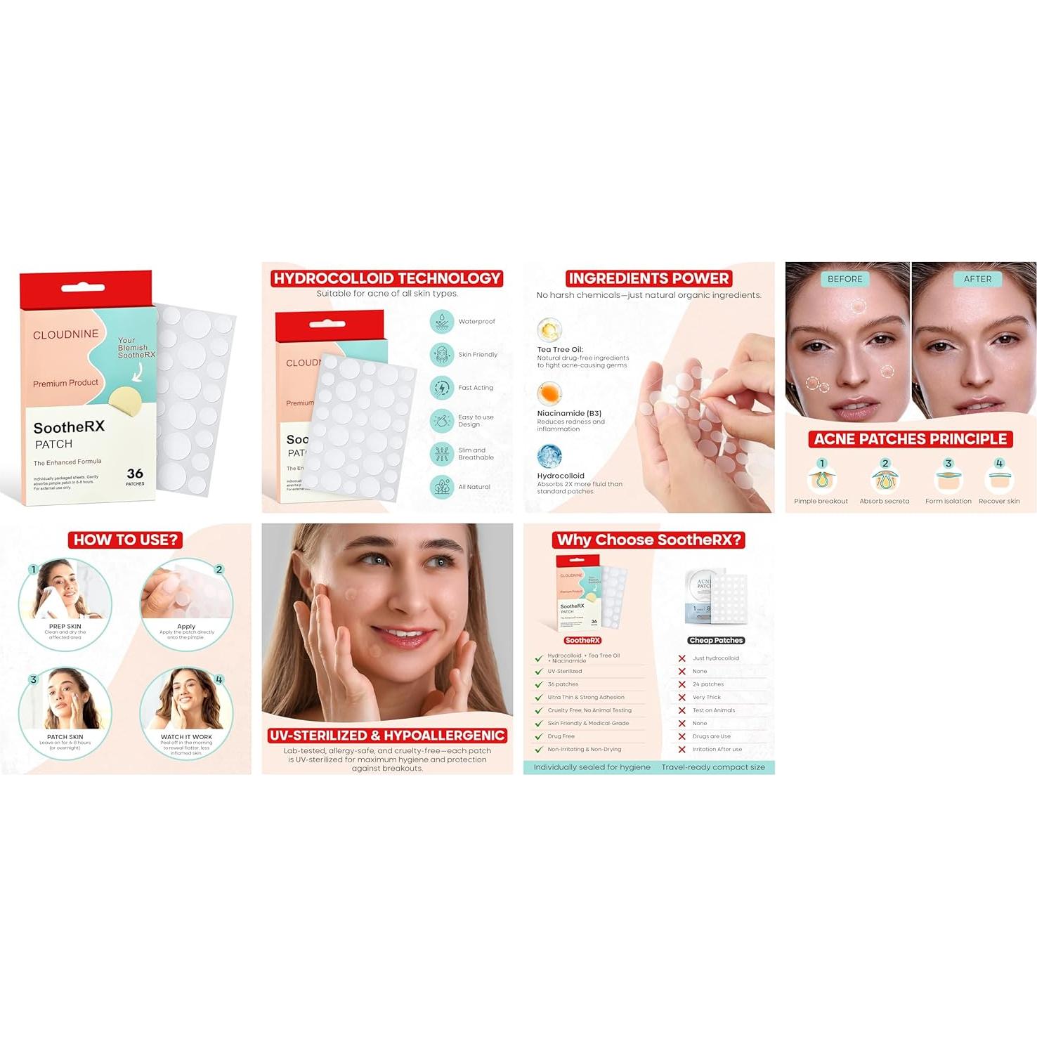 Parches Hidrocoloides SootheRX para Acné - 12x8cm - Vegano