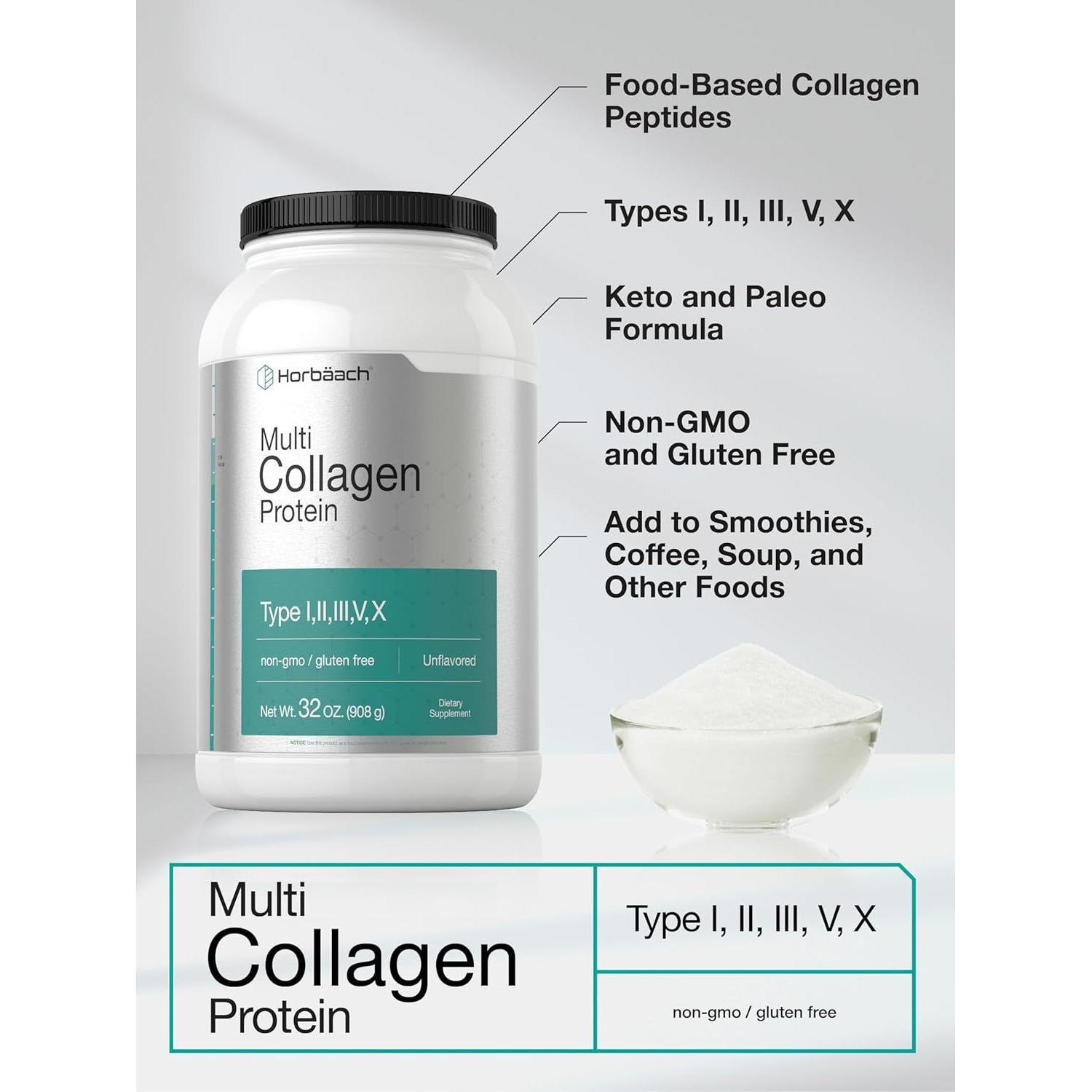 Proteína de Colágeno Hidrolizado Horbaach 32 oz | Tipos I, II, III, V, X | Sin Sabor, Keto y Paleo