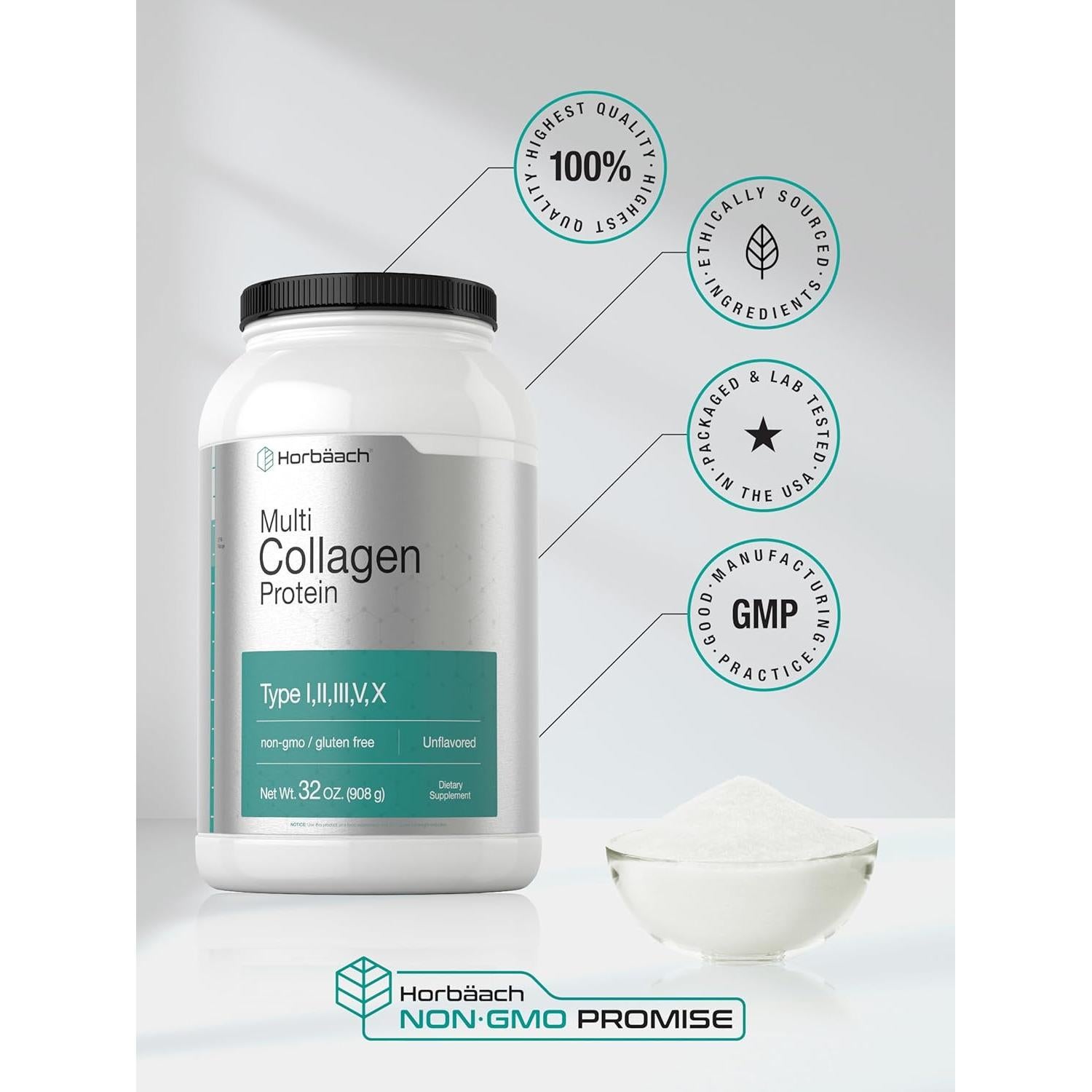 Proteína de Colágeno Hidrolizado Horbaach 32 oz | Tipos I, II, III, V, X | Sin Sabor, Keto y Paleo