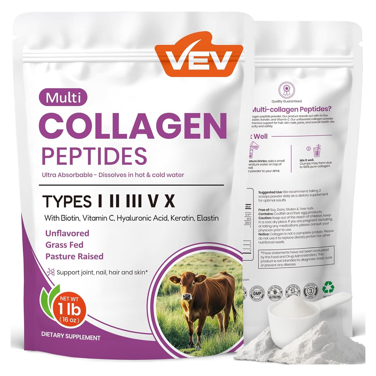 Polvo de Colágeno Hidrolizado VEV 454 g - Tipo I, II, III, V, X