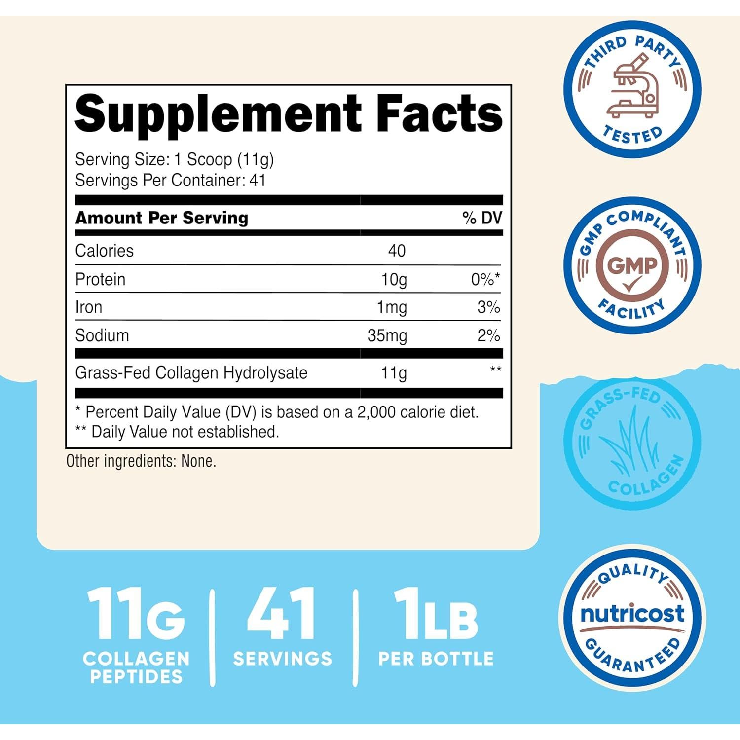 Polvo de Colágeno Hidrolizado Nutricost 454g Sin Sabor
