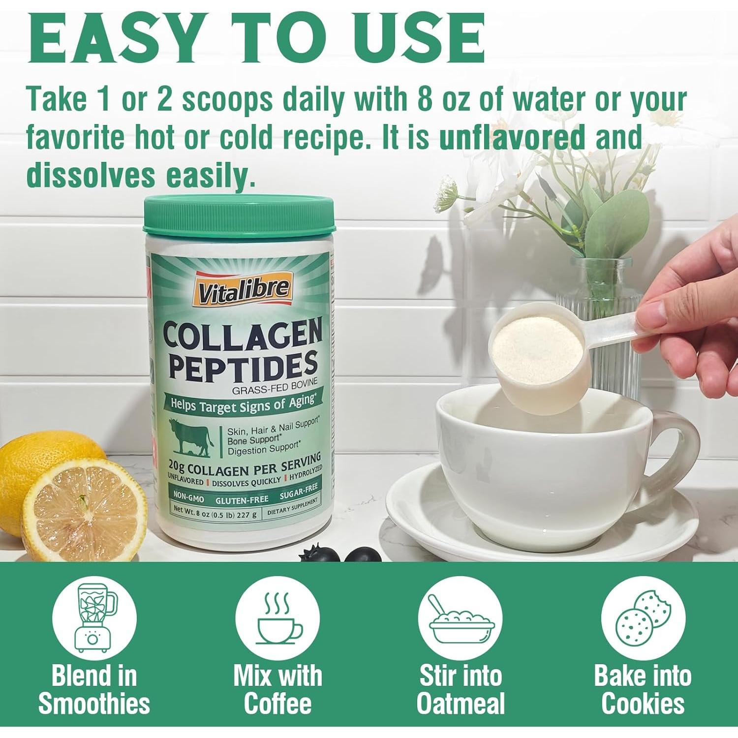 Polvo de Colágeno Hidrolizado Vitalibre 227g Tipo I y III