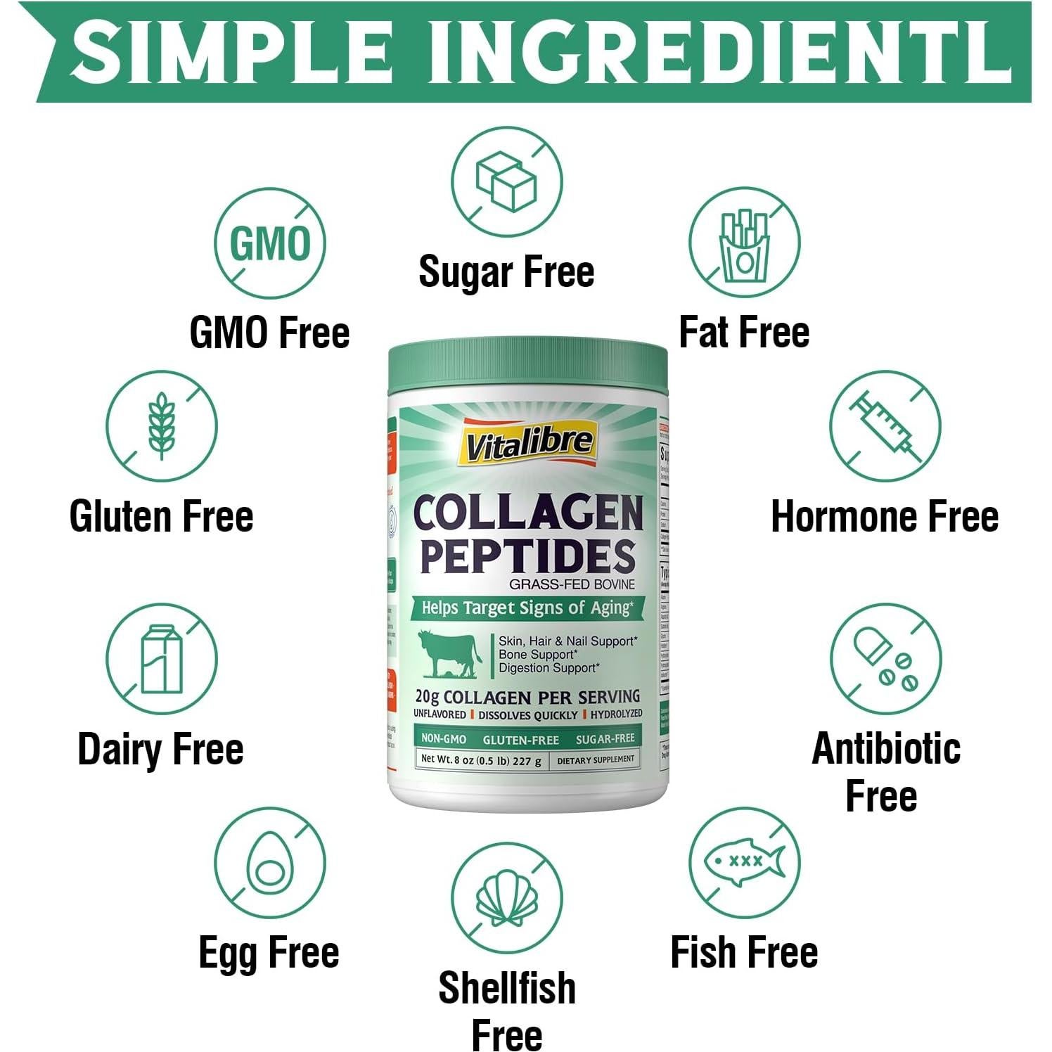 Polvo de Colágeno Hidrolizado Vitalibre 227g Tipo I y III