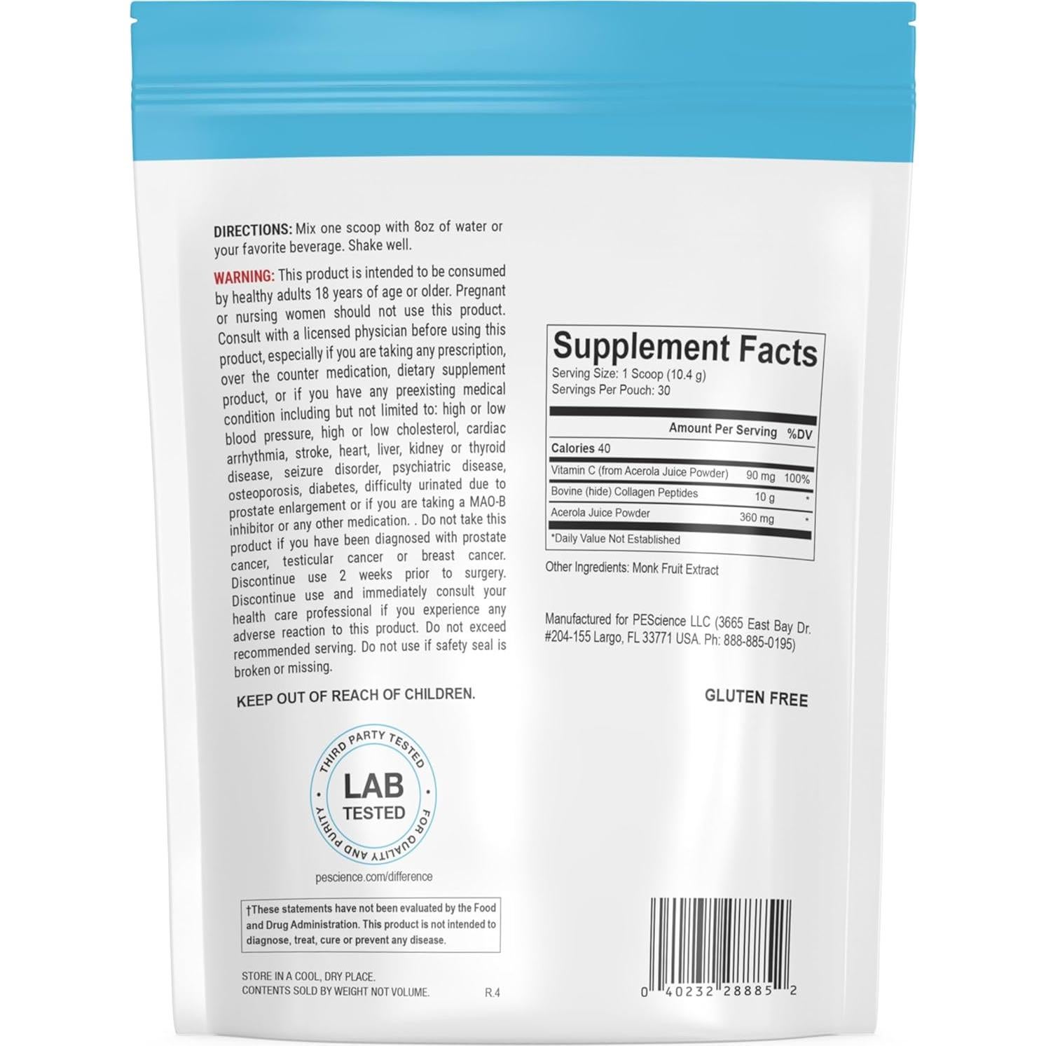 PEScience Colágeno Hidrolizado en Polvo con Vitamina C 30 Porciones