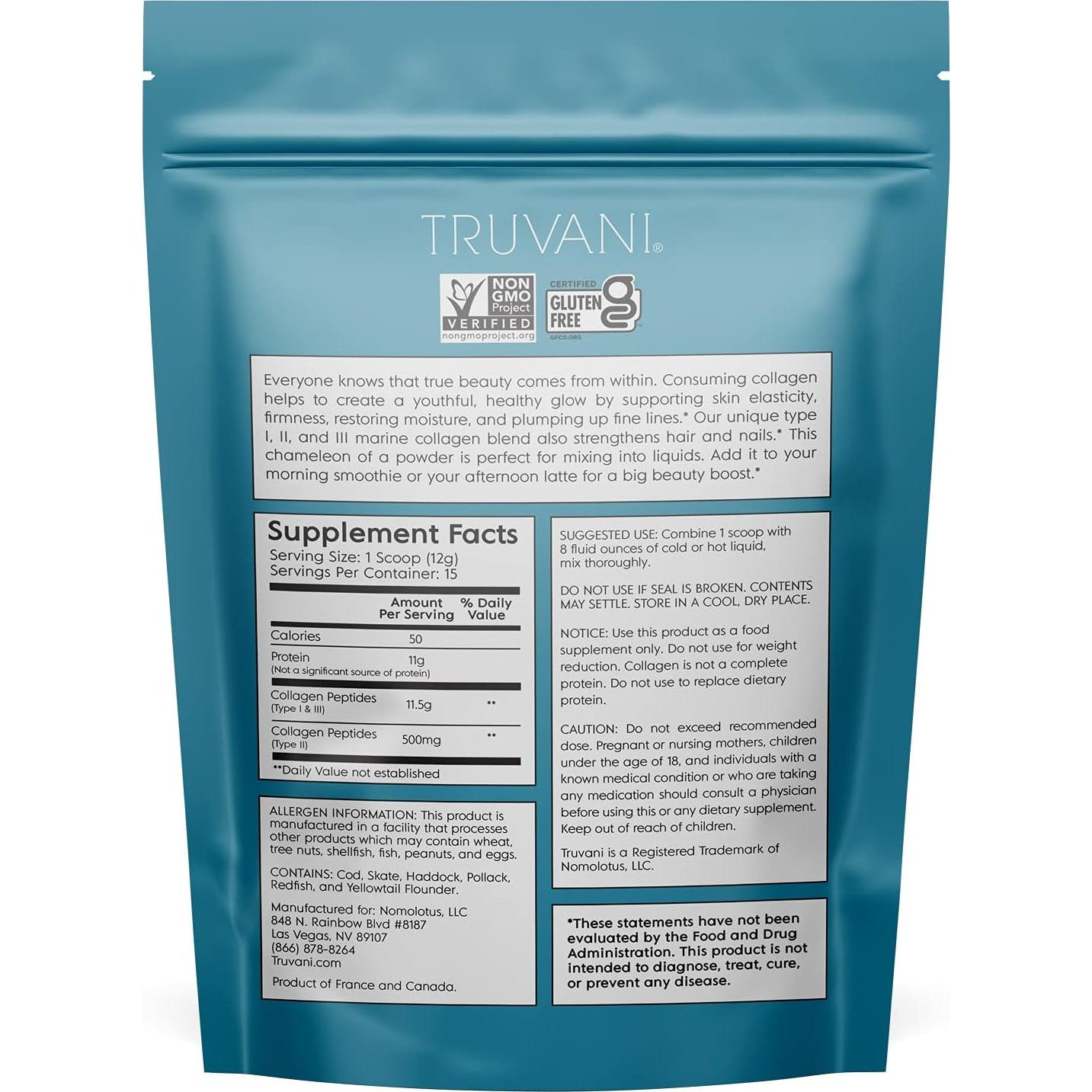 Colágeno Marino Hidrolizado Truvani en Polvo 180g - Tipo 1, 2 y 3