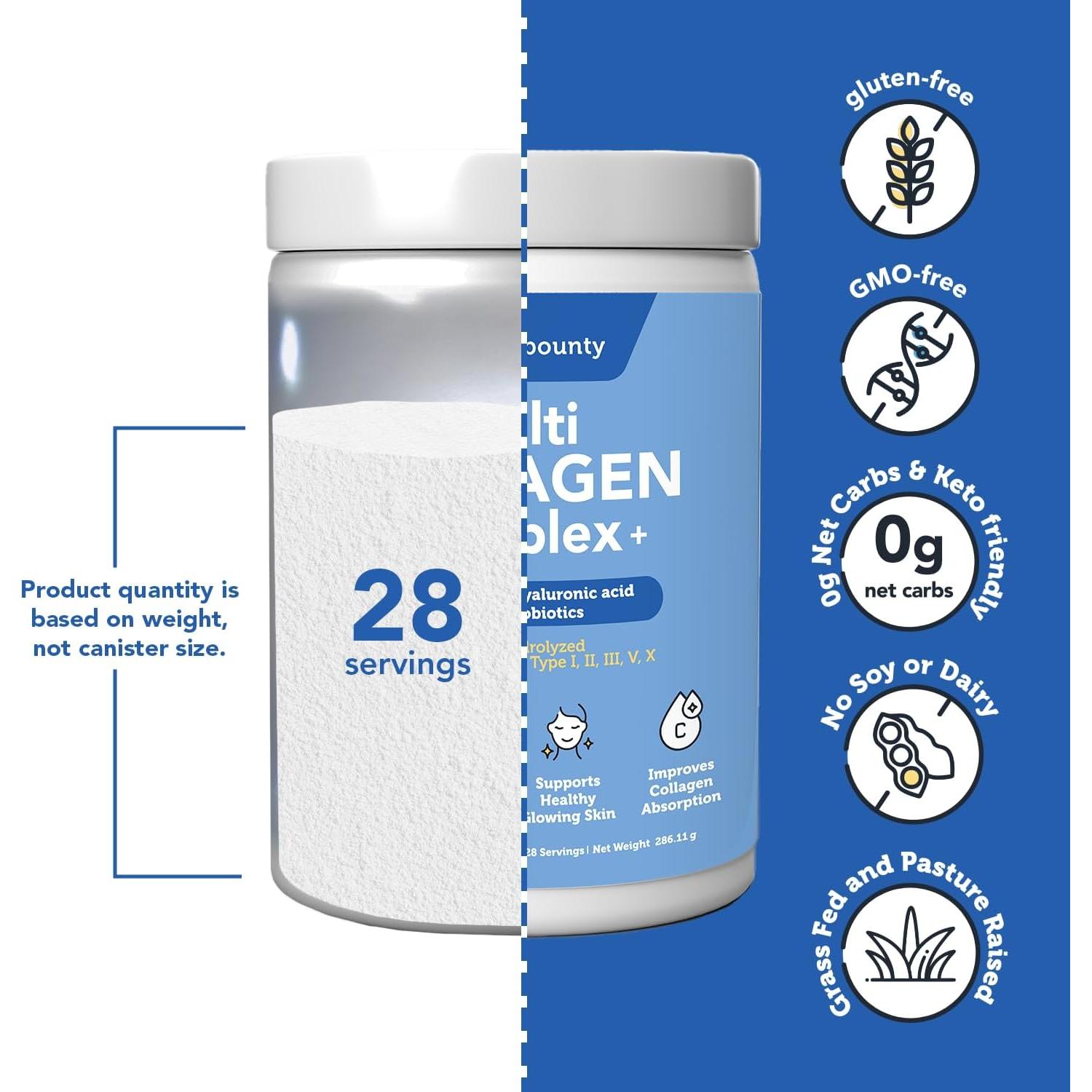 Colágeno Múltiple Vitamin Bounty Plus - 5 Tipos de Péptidos con Vitamina C y Ácido Hialurónico - 28 Porciones