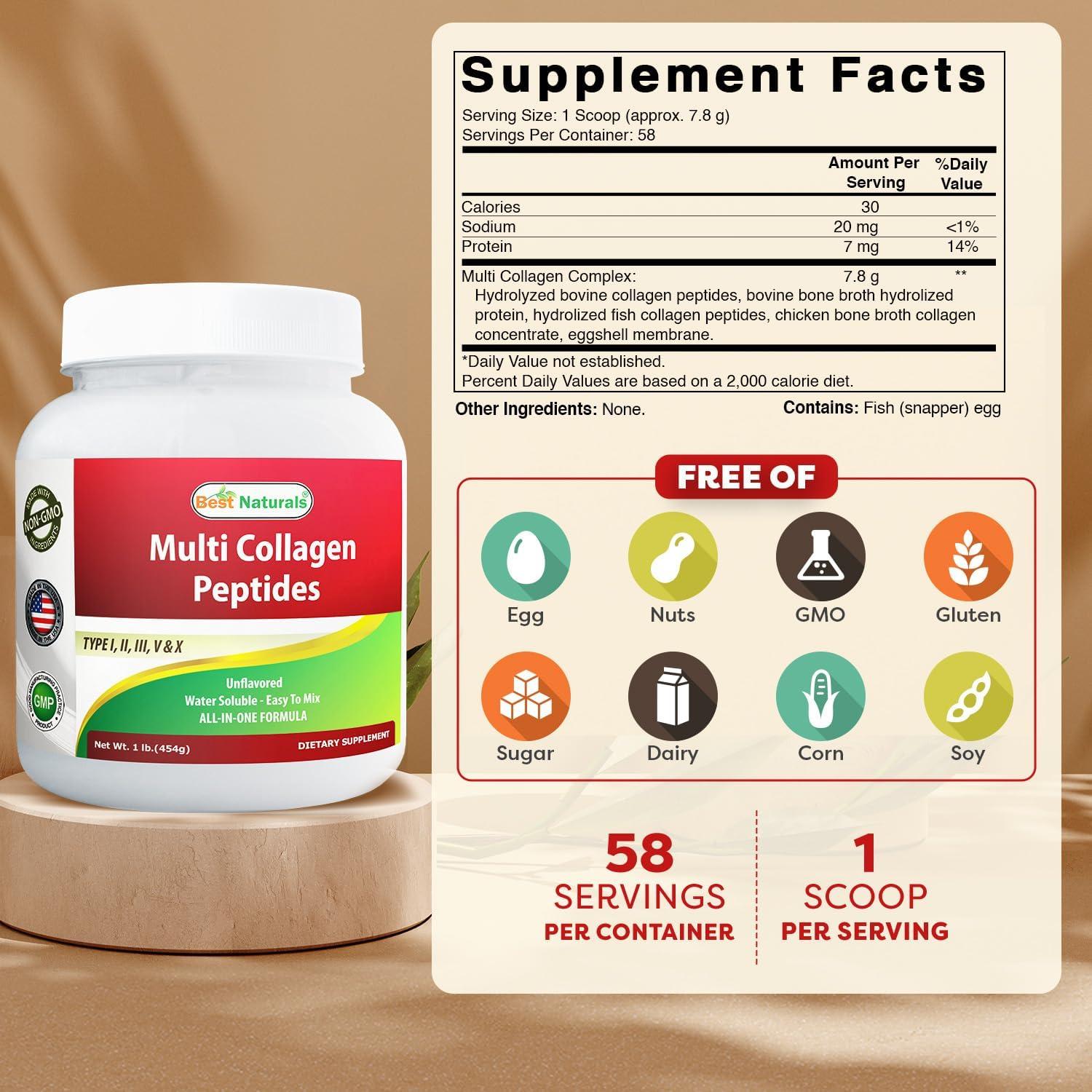 Colágeno en Polvo Mejores Naturales 450g Tipo I, II, III, V & X