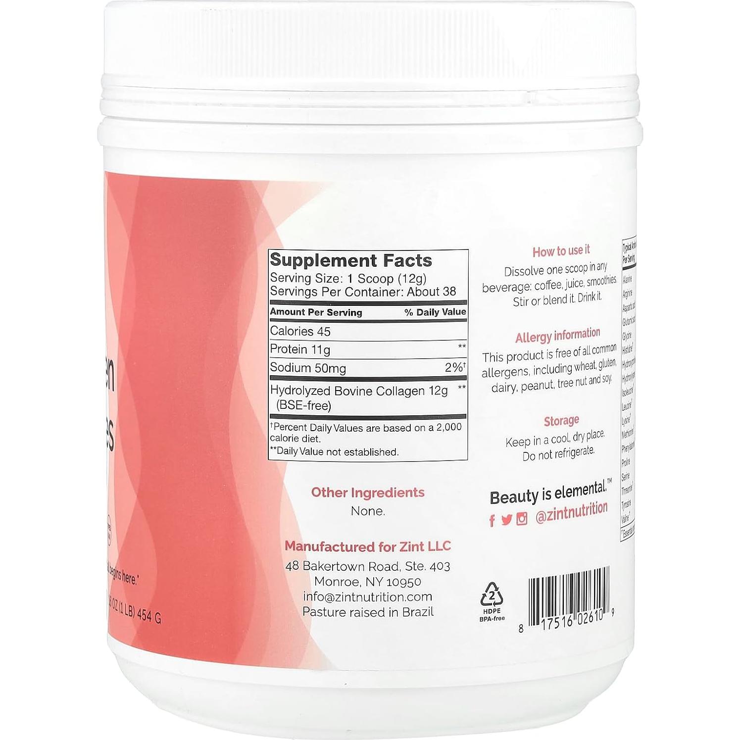 Polvo de Colágeno Hidrolizado Zint 450g - Suplemento Antienvejecimiento