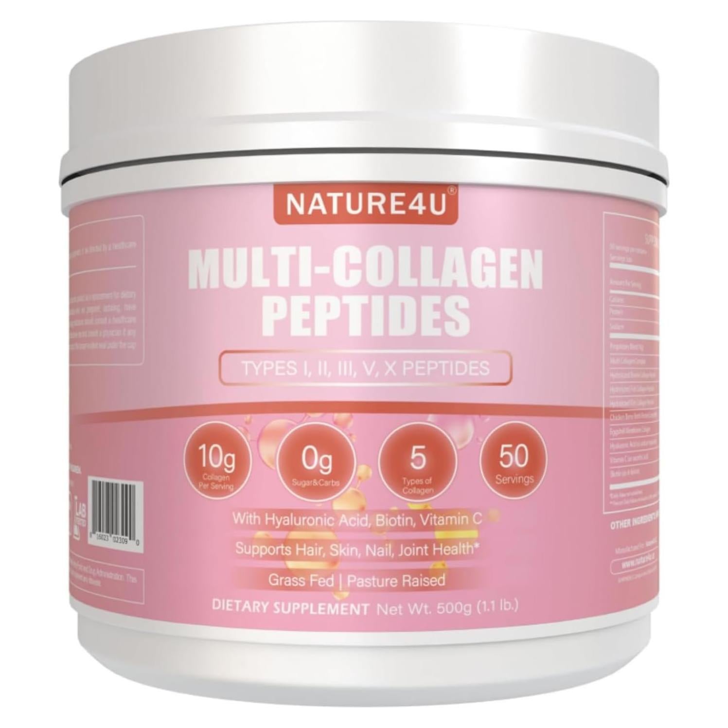 Polvo de Colágeno Hidrolizado Nature4U 500g - Tipo I, II, III, V, X