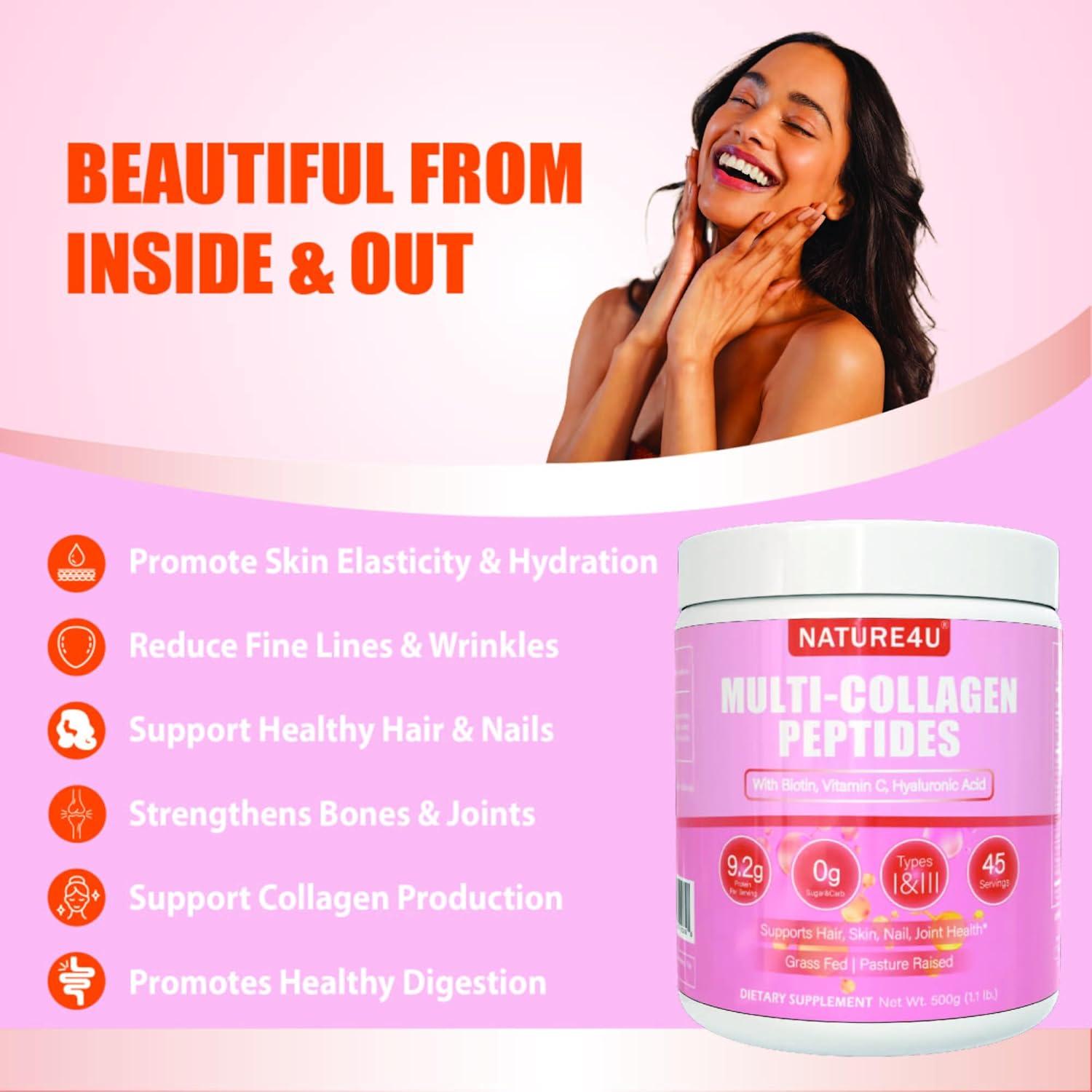 Polvo de Colágeno Hidrolizado Nature4U 500g - Tipo I, II, III, V, X