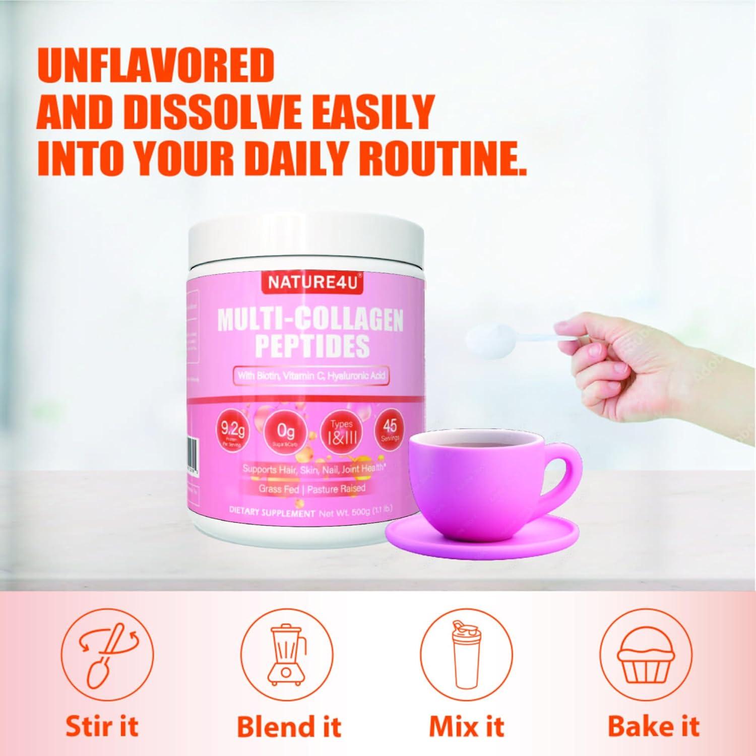 Polvo de Colágeno Hidrolizado Nature4U 500g - Tipo I, II, III, V, X