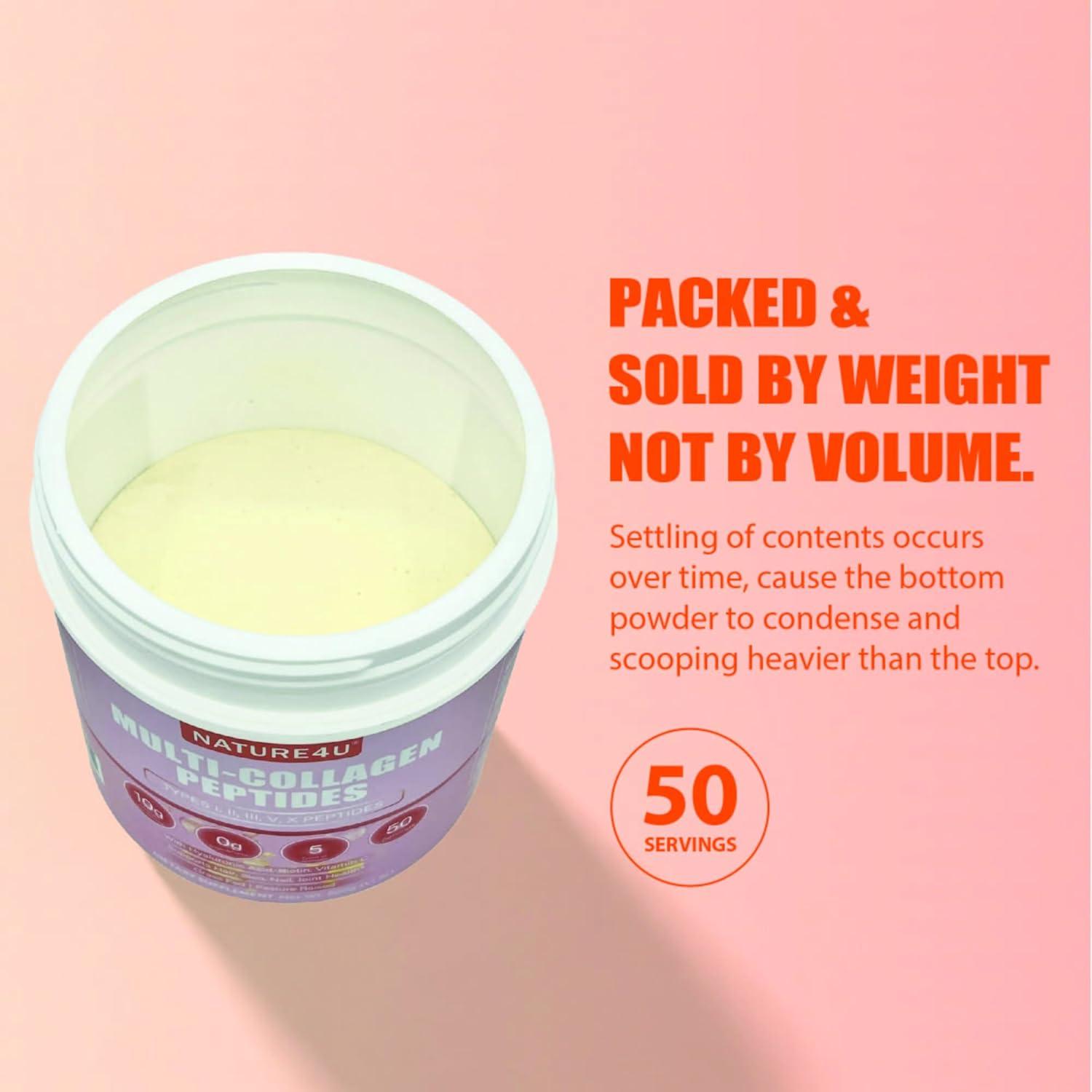 Polvo de Colágeno Hidrolizado Nature4U 500g - Tipo I, II, III, V, X