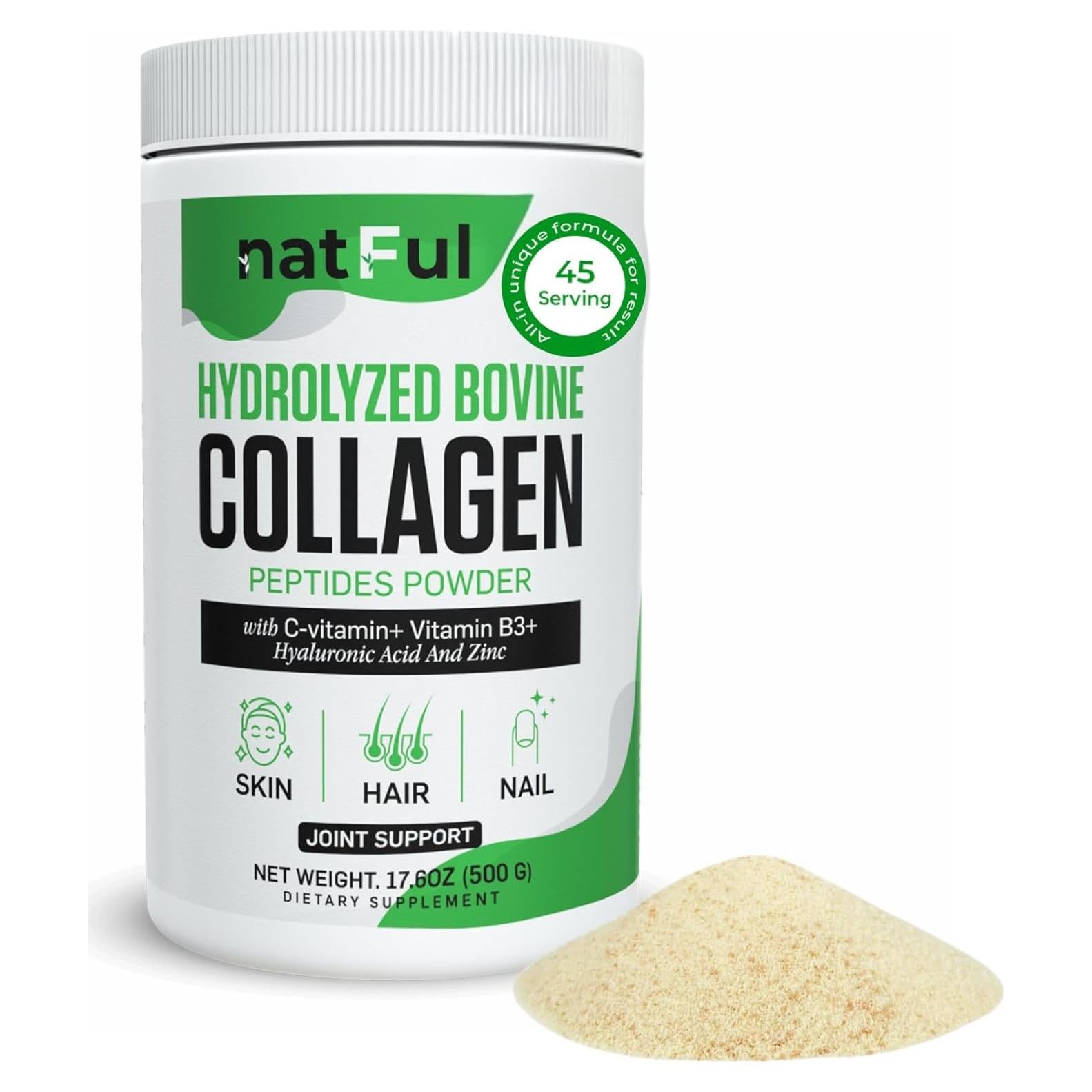 Polvo de Colágeno Hidrolizado Natful 450g - Sin Sabor, Vitamina C