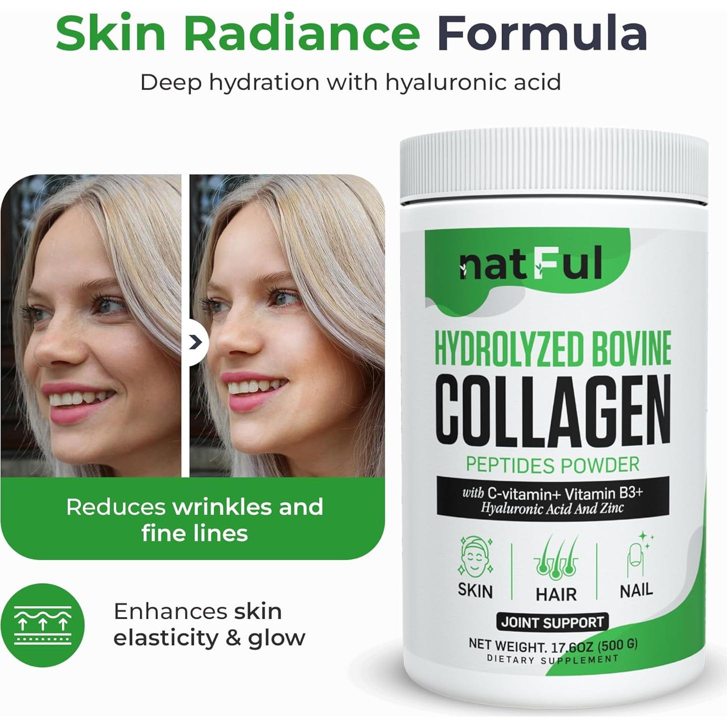 Polvo de Colágeno Hidrolizado Natful 450g - Sin Sabor, Vitamina C