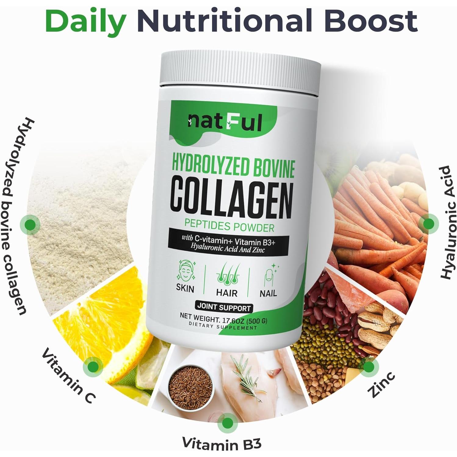 Polvo de Colágeno Hidrolizado Natful 450g - Sin Sabor, Vitamina C