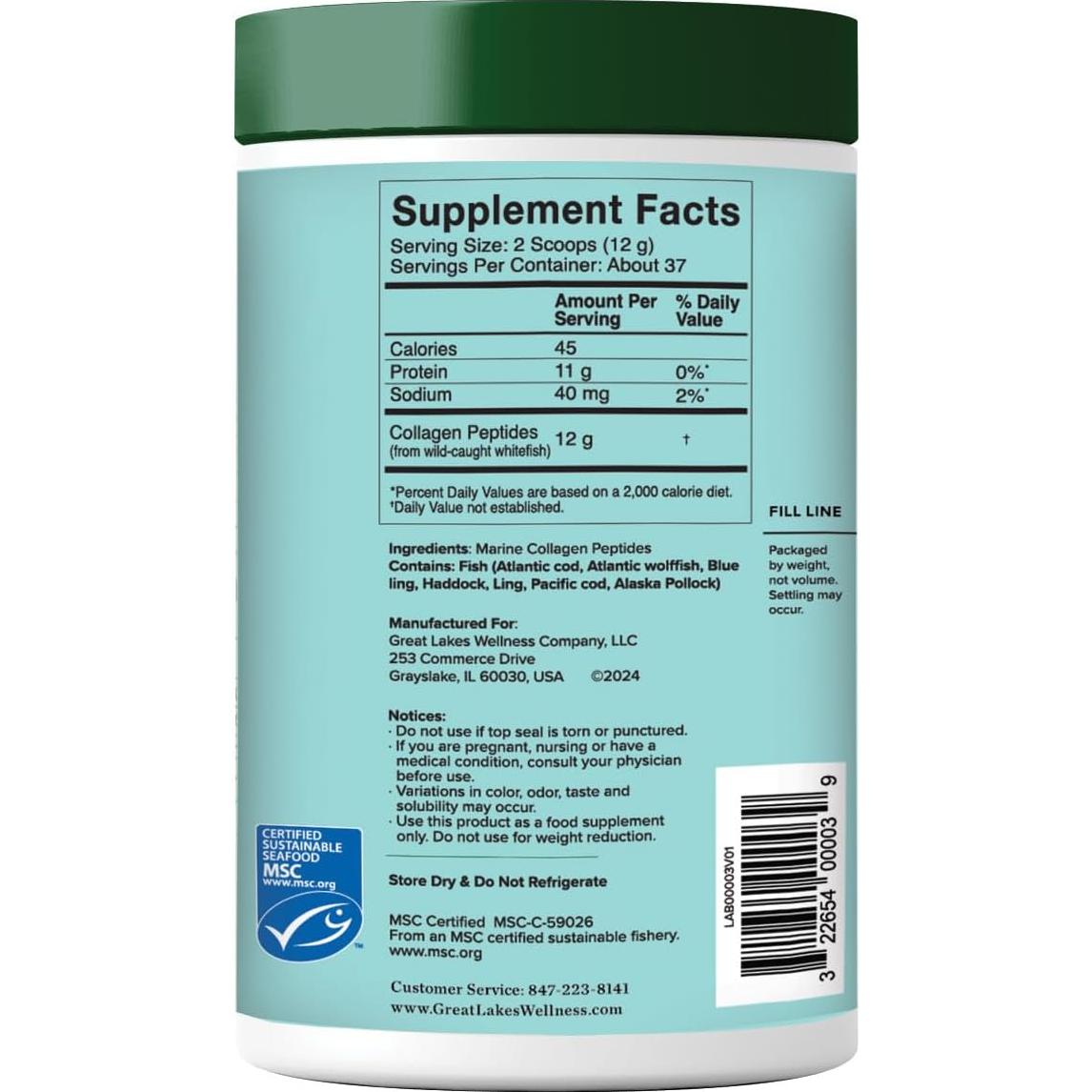 Colágeno Marino Sostenible Great Lakes 226.8 g Hidrolizado